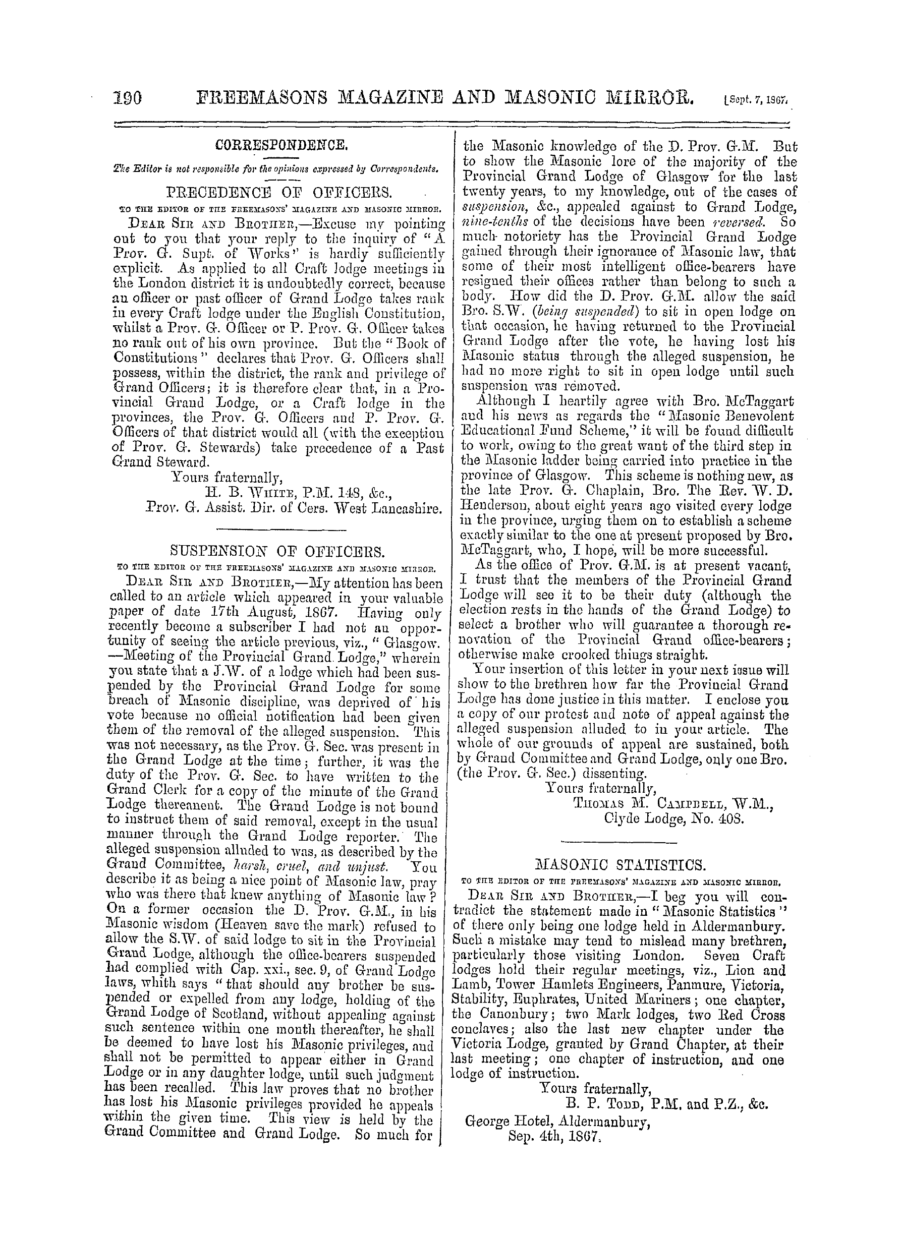 The Freemasons' Monthly Magazine: 1867-09-07 - Correspondence.