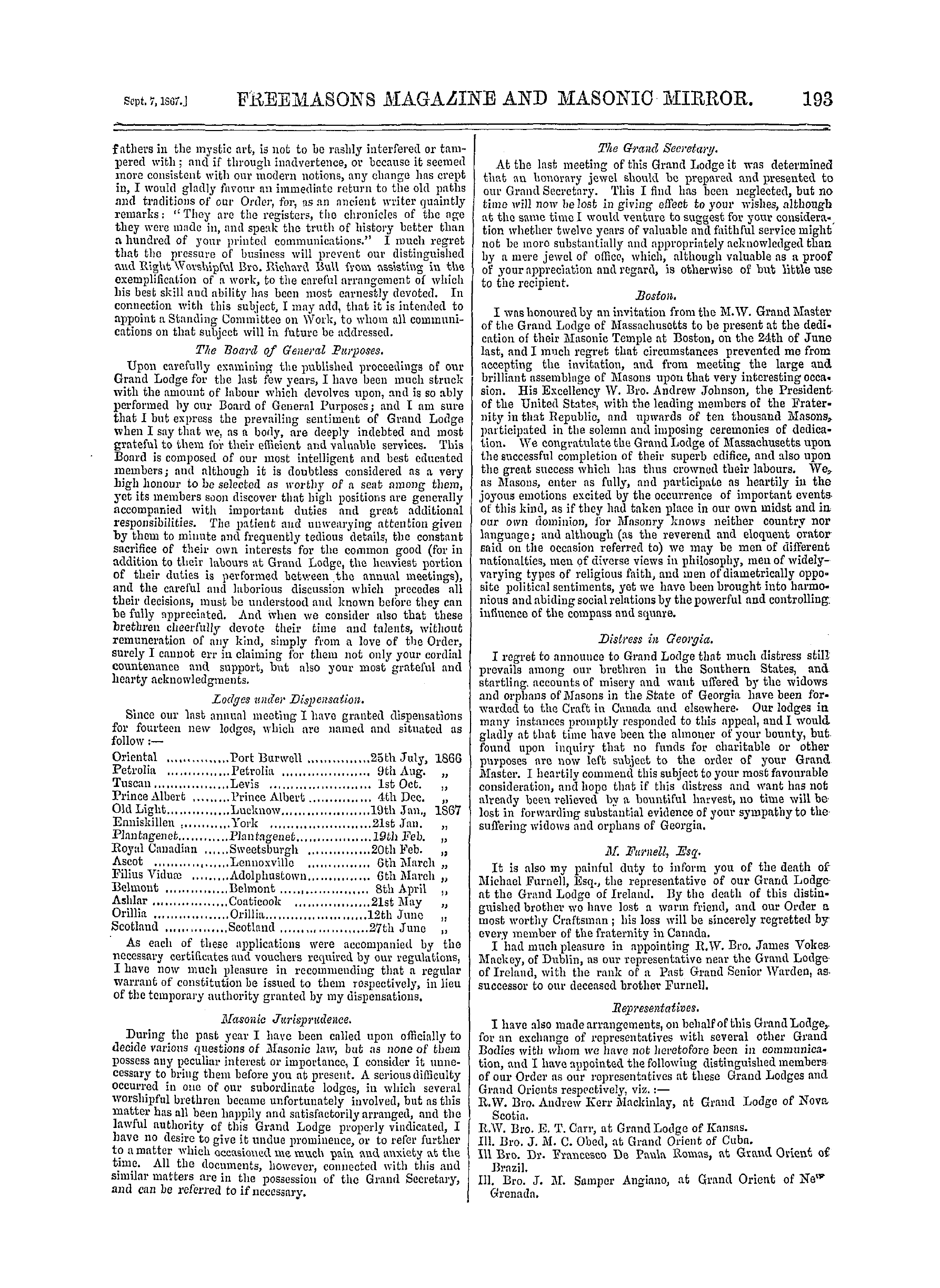 The Freemasons' Monthly Magazine: 1867-09-07 - Canada.