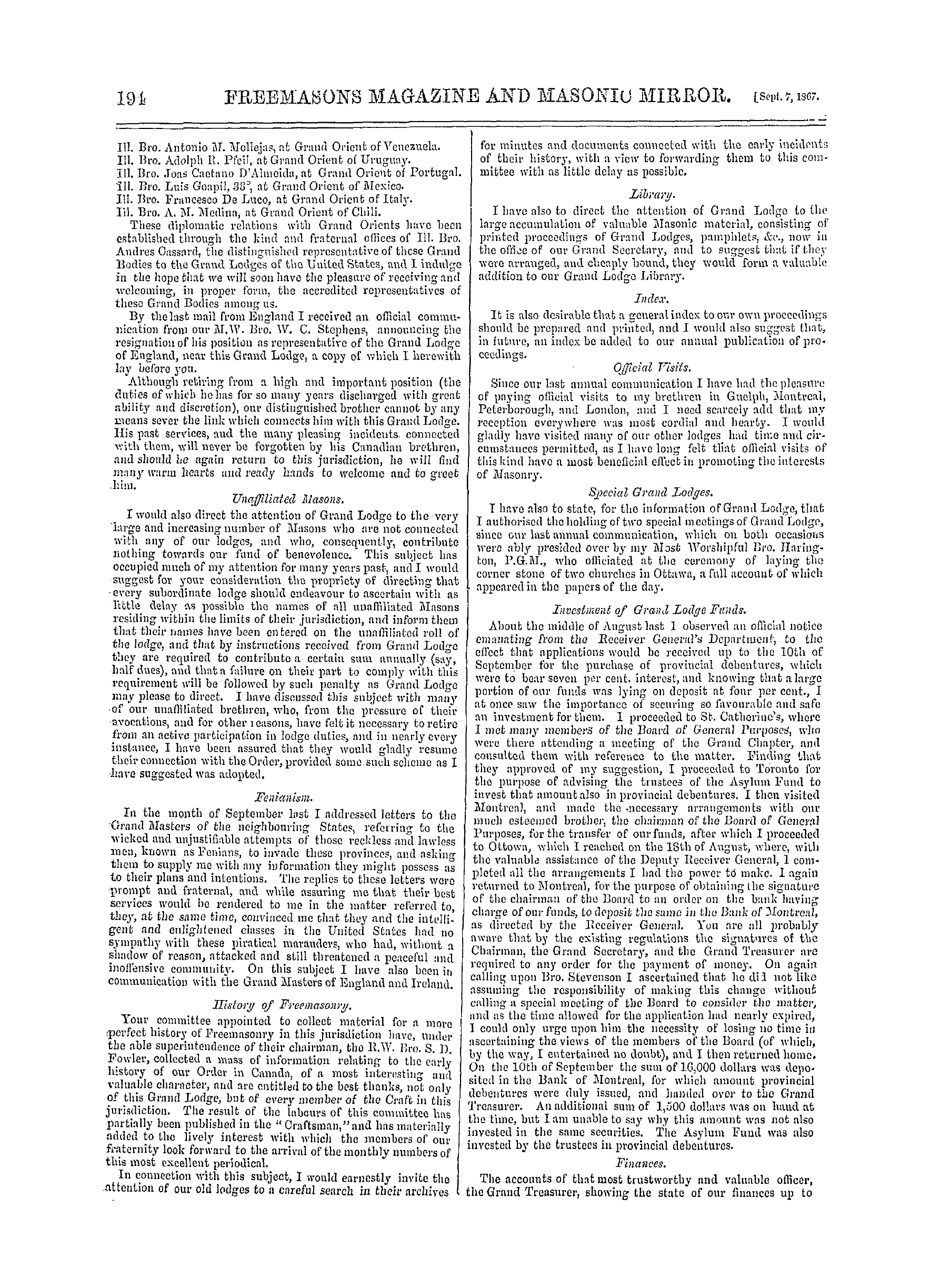 The Freemasons' Monthly Magazine: 1867-09-07 - Canada.