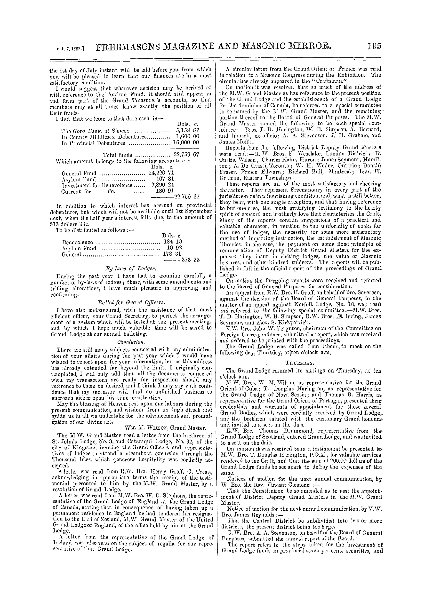 The Freemasons' Monthly Magazine: 1867-09-07 - Canada.