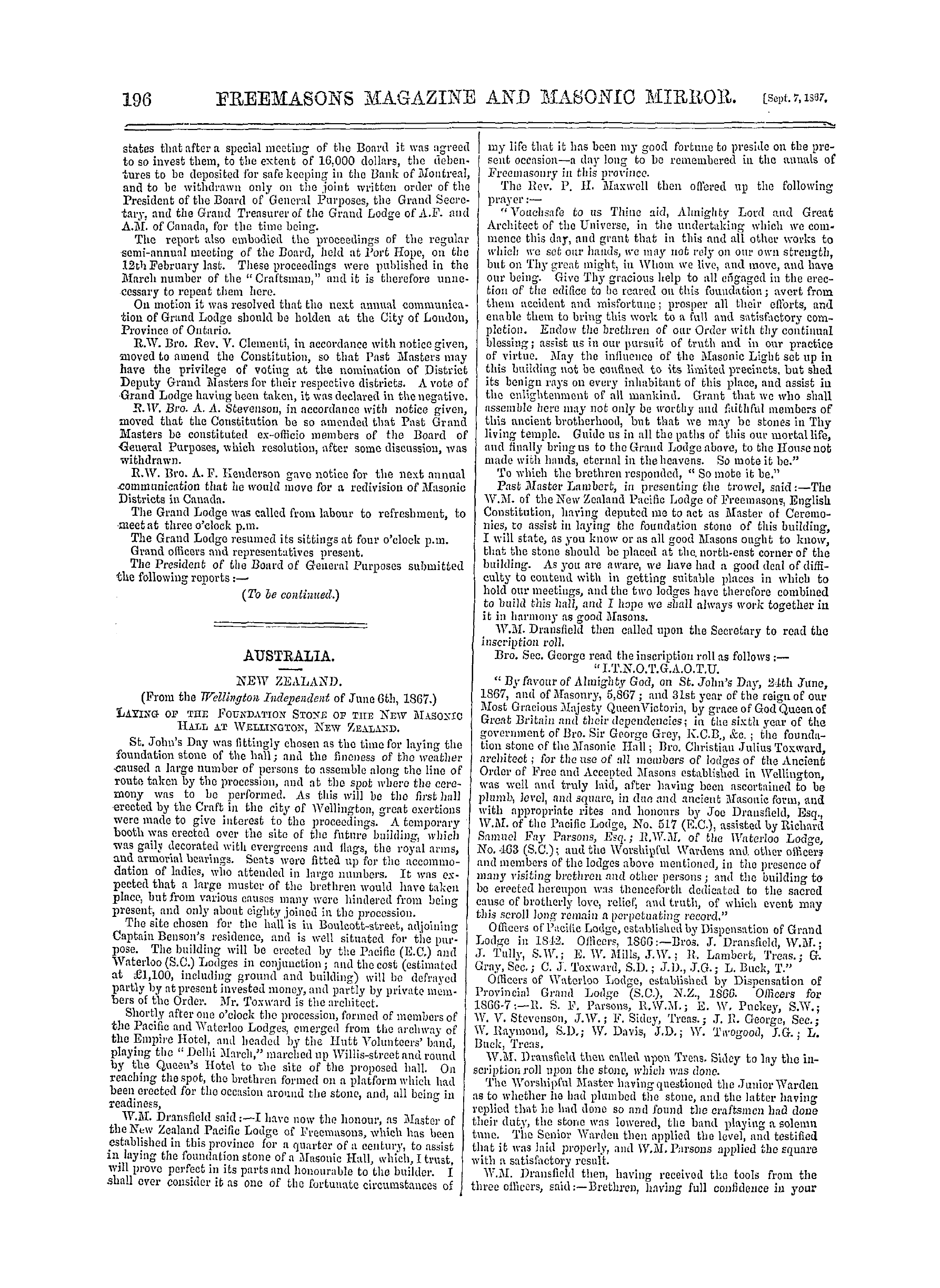 The Freemasons' Monthly Magazine: 1867-09-07 - Canada.