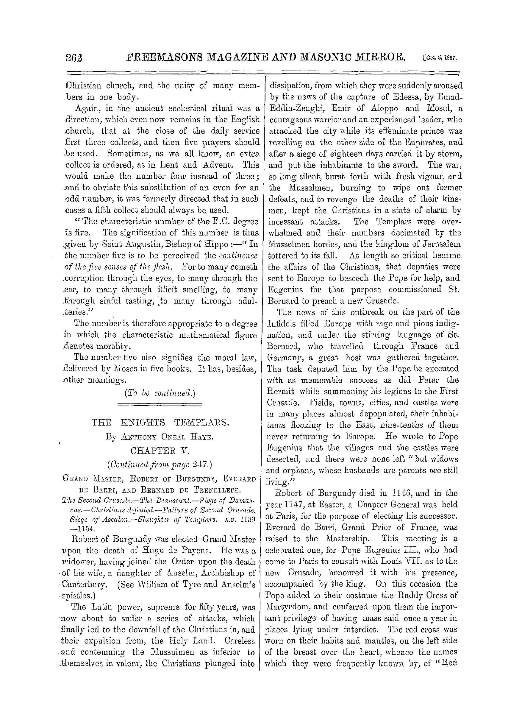 The Freemasons' Monthly Magazine: 1867-10-05 - The Knights Templars.