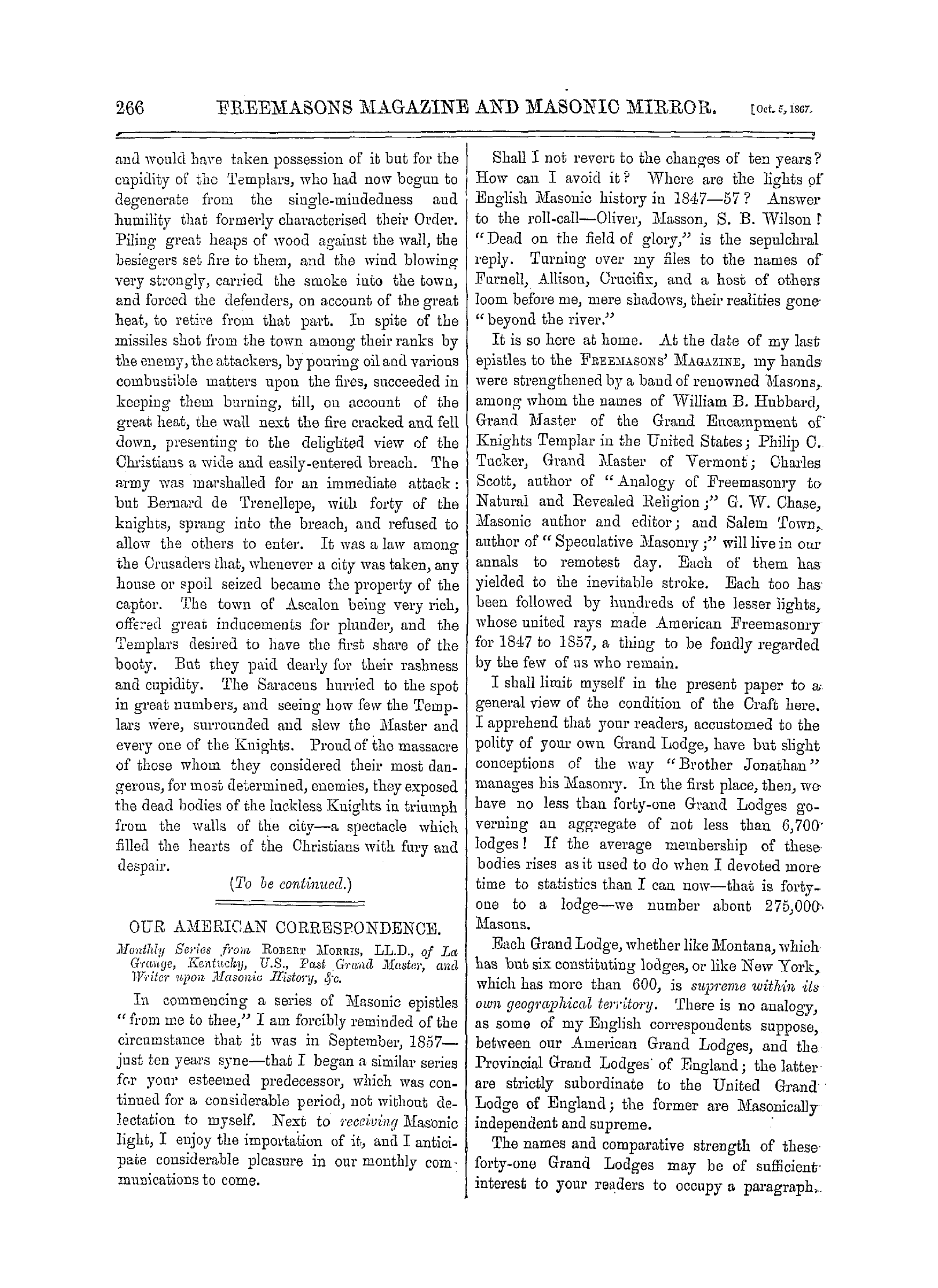 The Freemasons' Monthly Magazine: 1867-10-05 - The Knights Templars.