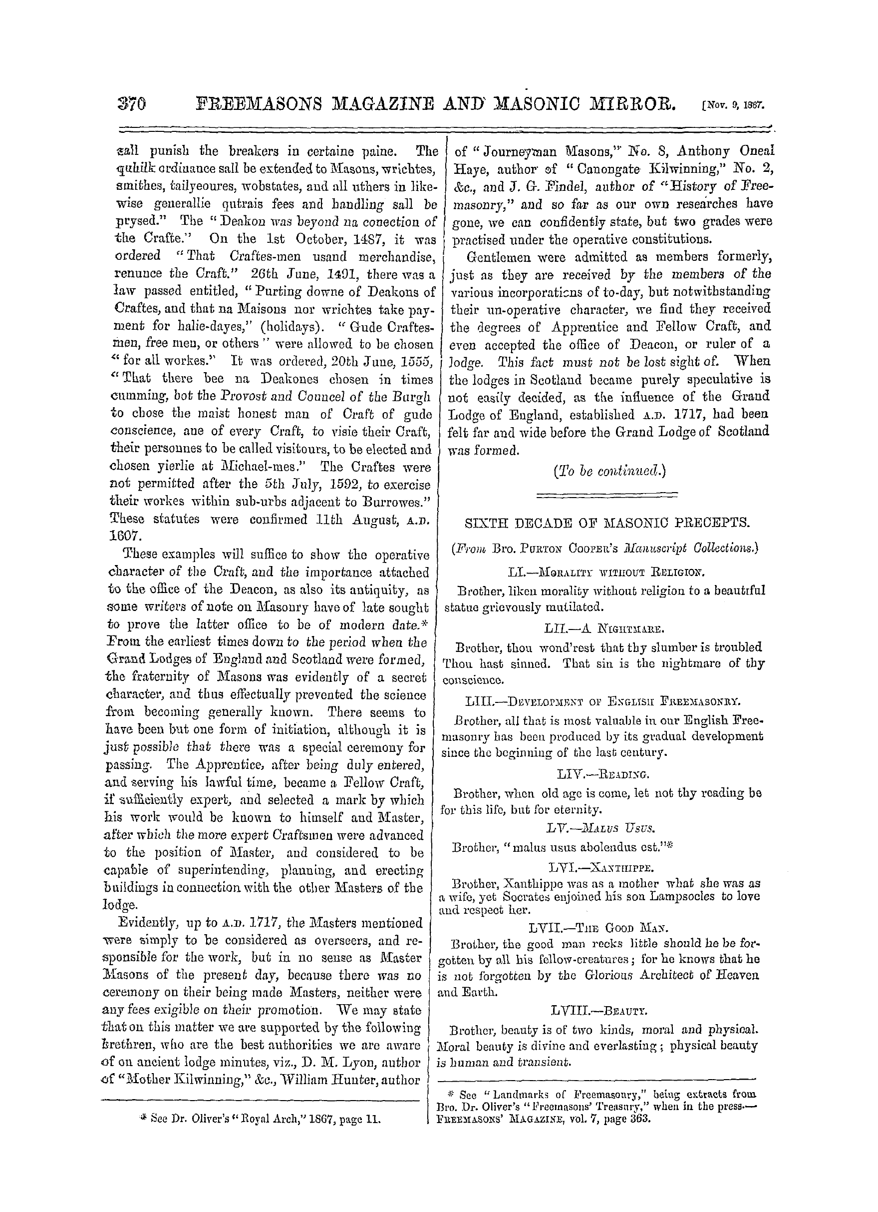 The Freemasons' Monthly Magazine: 1867-11-09 - An Analysis Of Ancient And Modern Freemasonry.