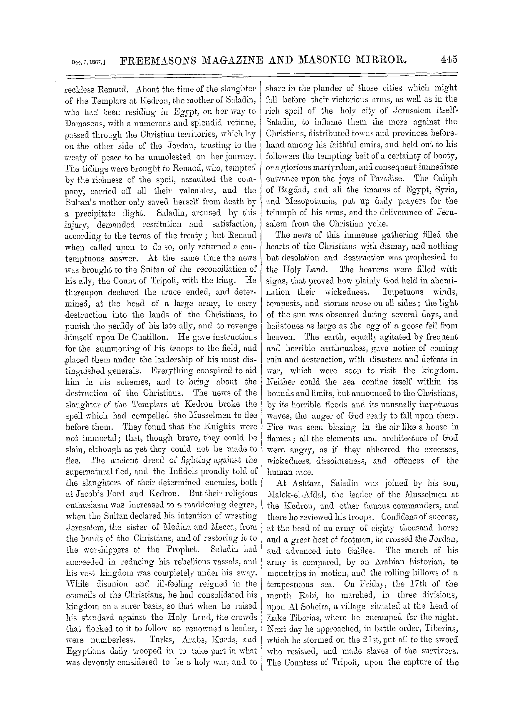 The Freemasons' Monthly Magazine: 1867-12-07 - The Knights Templars.