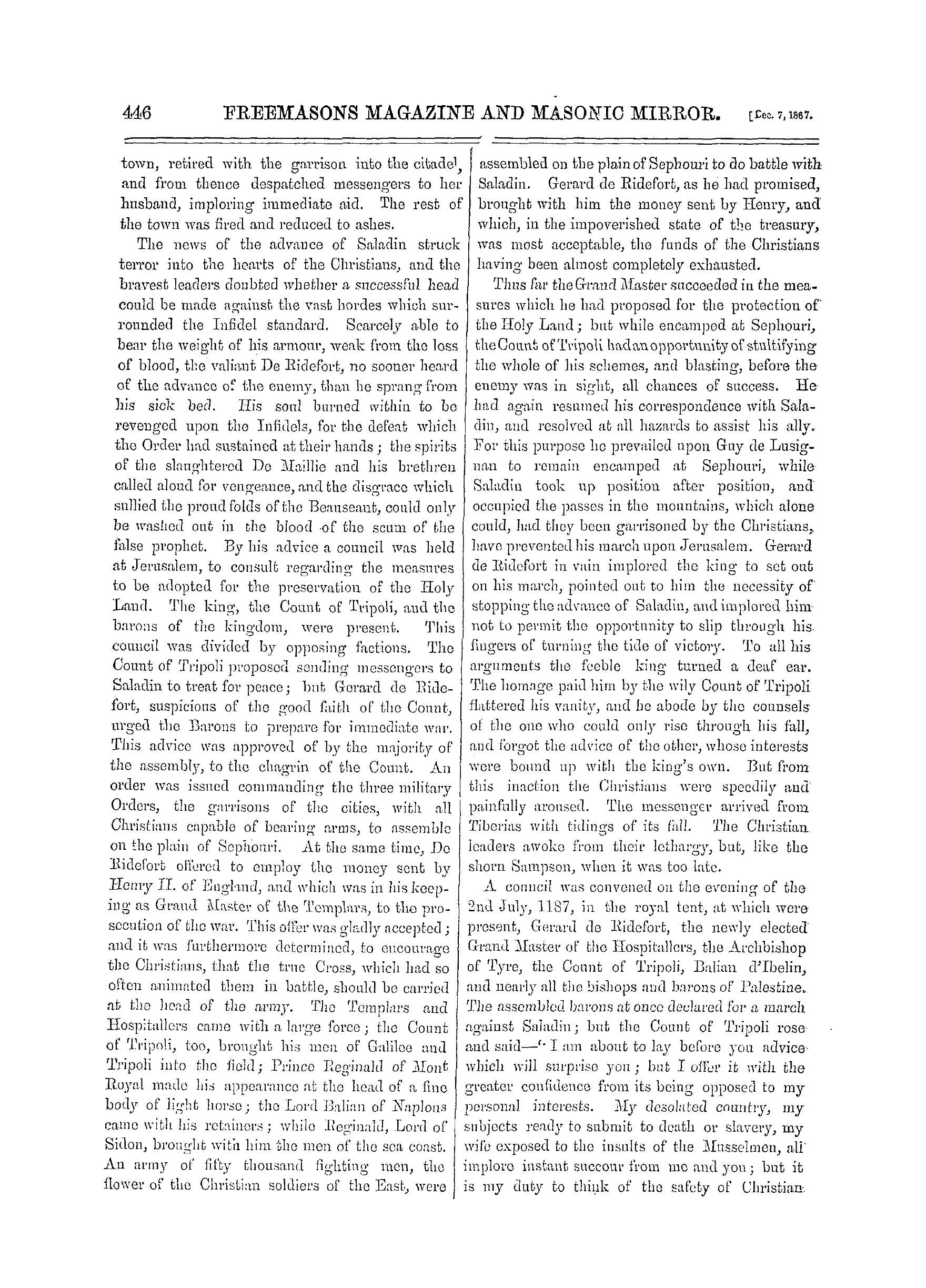 The Freemasons' Monthly Magazine: 1867-12-07 - The Knights Templars.