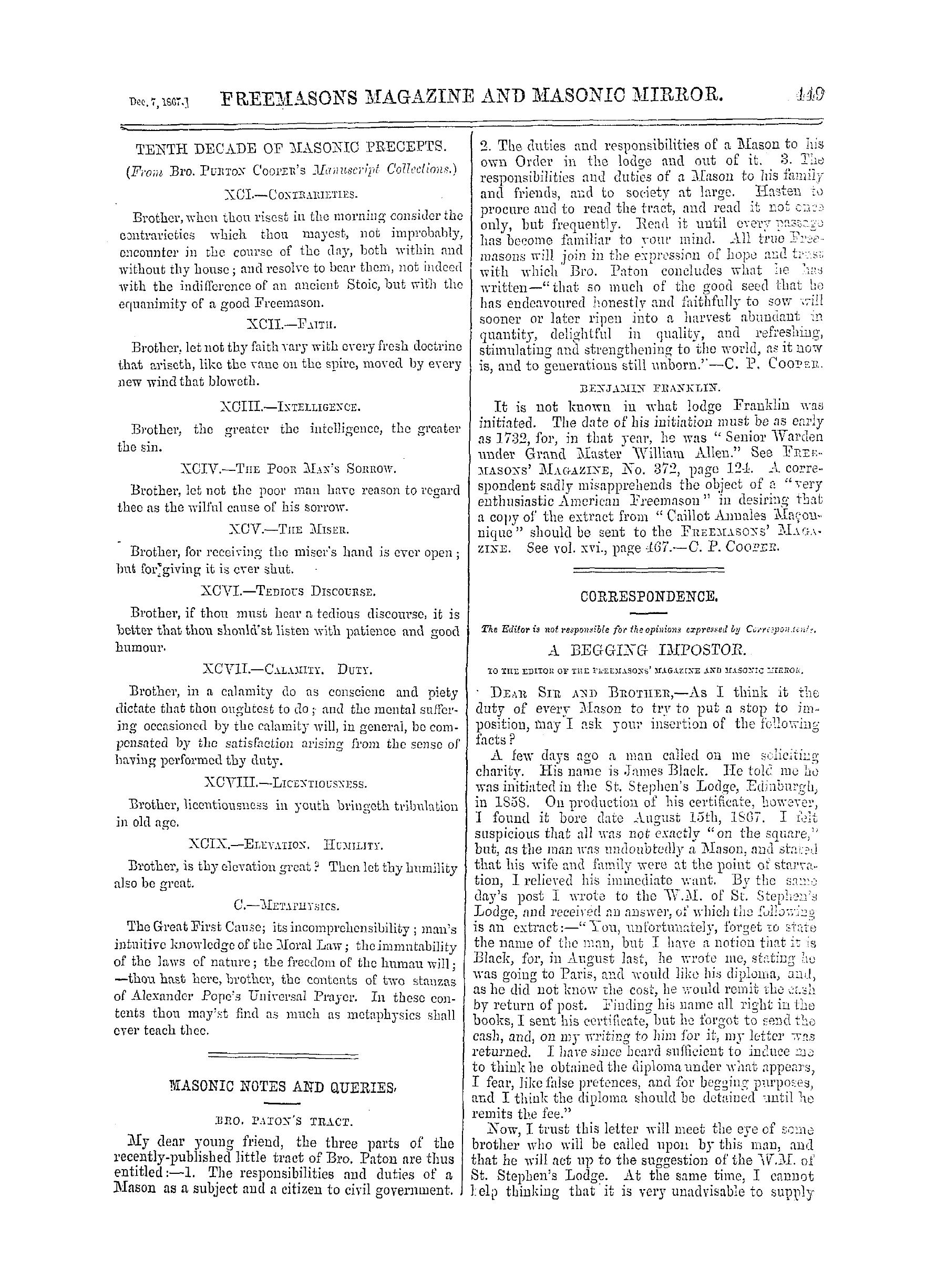 The Freemasons' Monthly Magazine: 1867-12-07 - Correspondence.