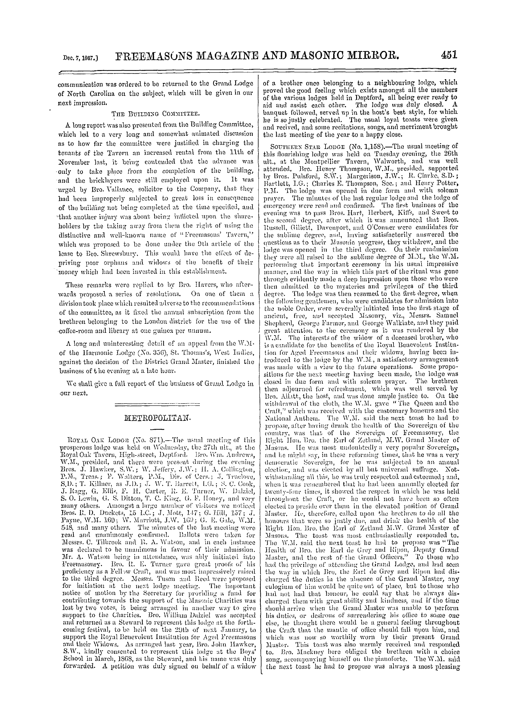 The Freemasons' Monthly Magazine: 1867-12-07 - Grand Lodge.