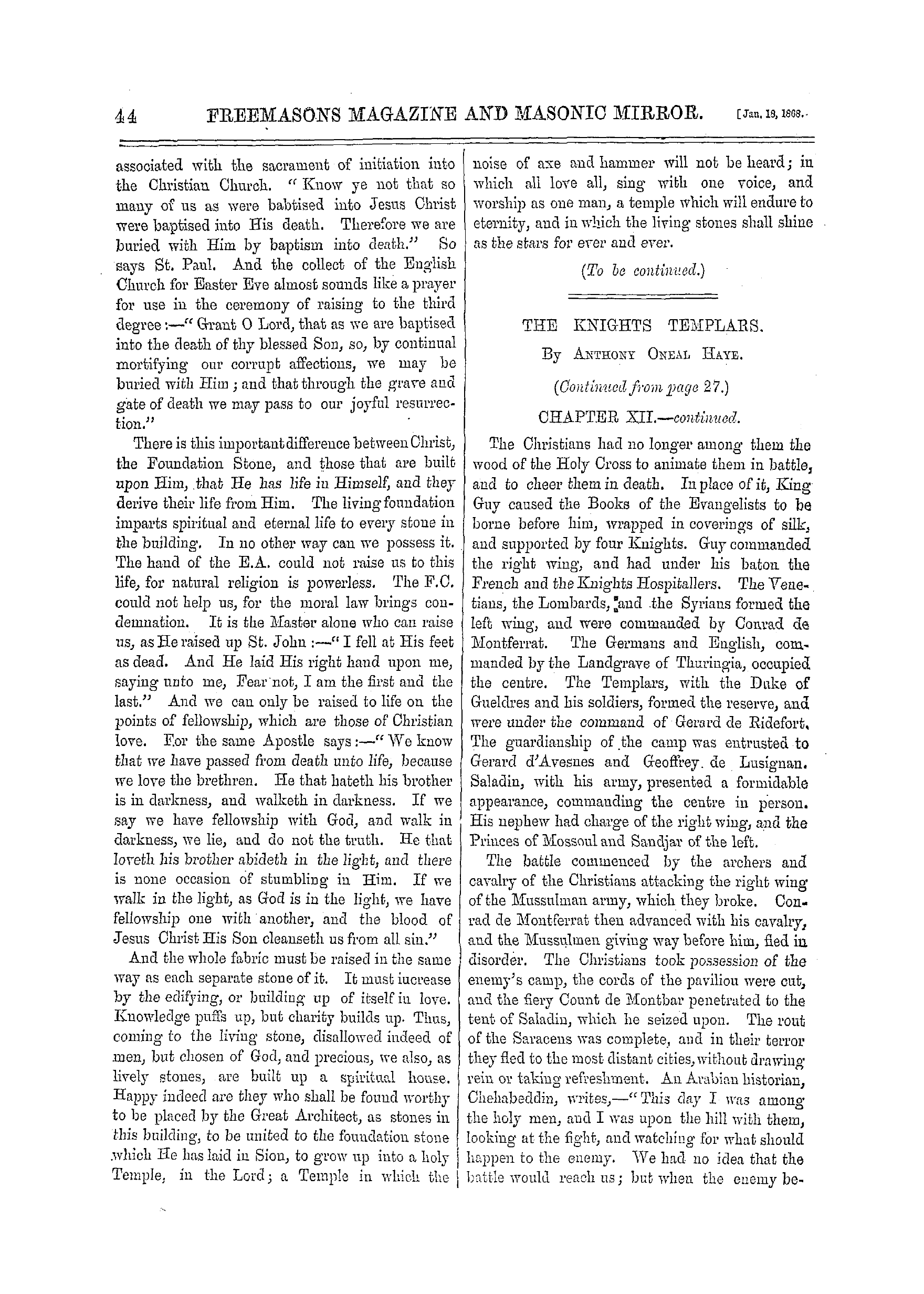 The Freemasons' Monthly Magazine: 1868-01-18 - The Knights Templars.