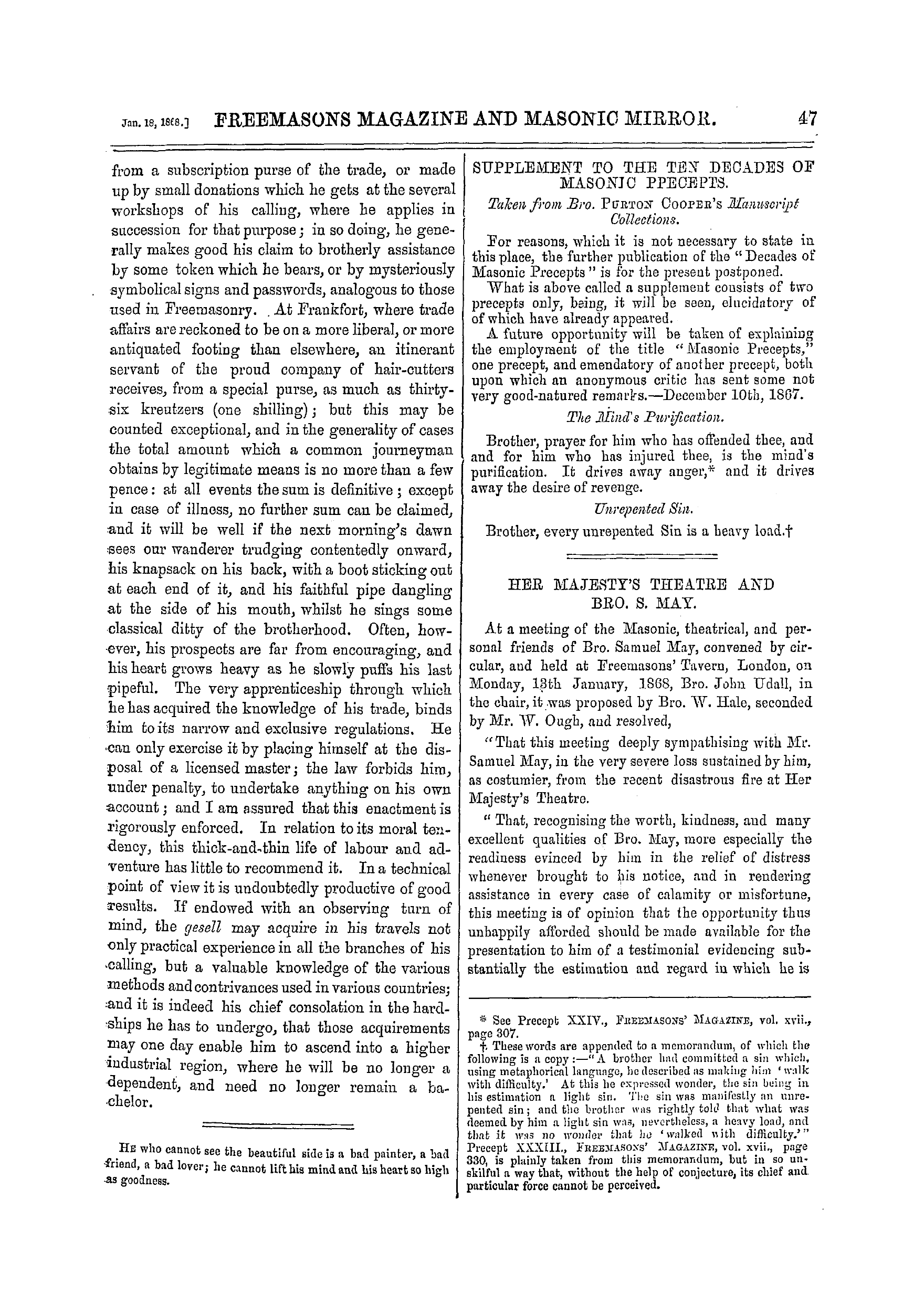 The Freemasons' Monthly Magazine: 1868-01-18 - Travelling Craftsmen In Germany.