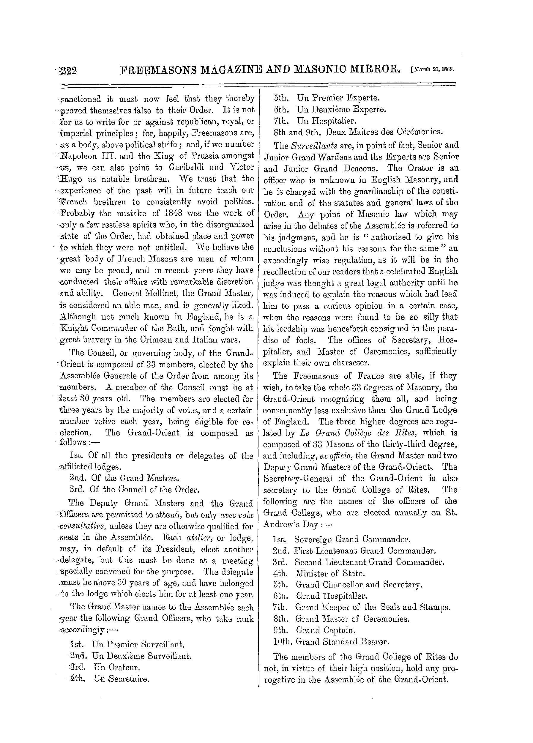 The Freemasons' Monthly Magazine: 1868-03-21 - Le Grand-Orient De France.