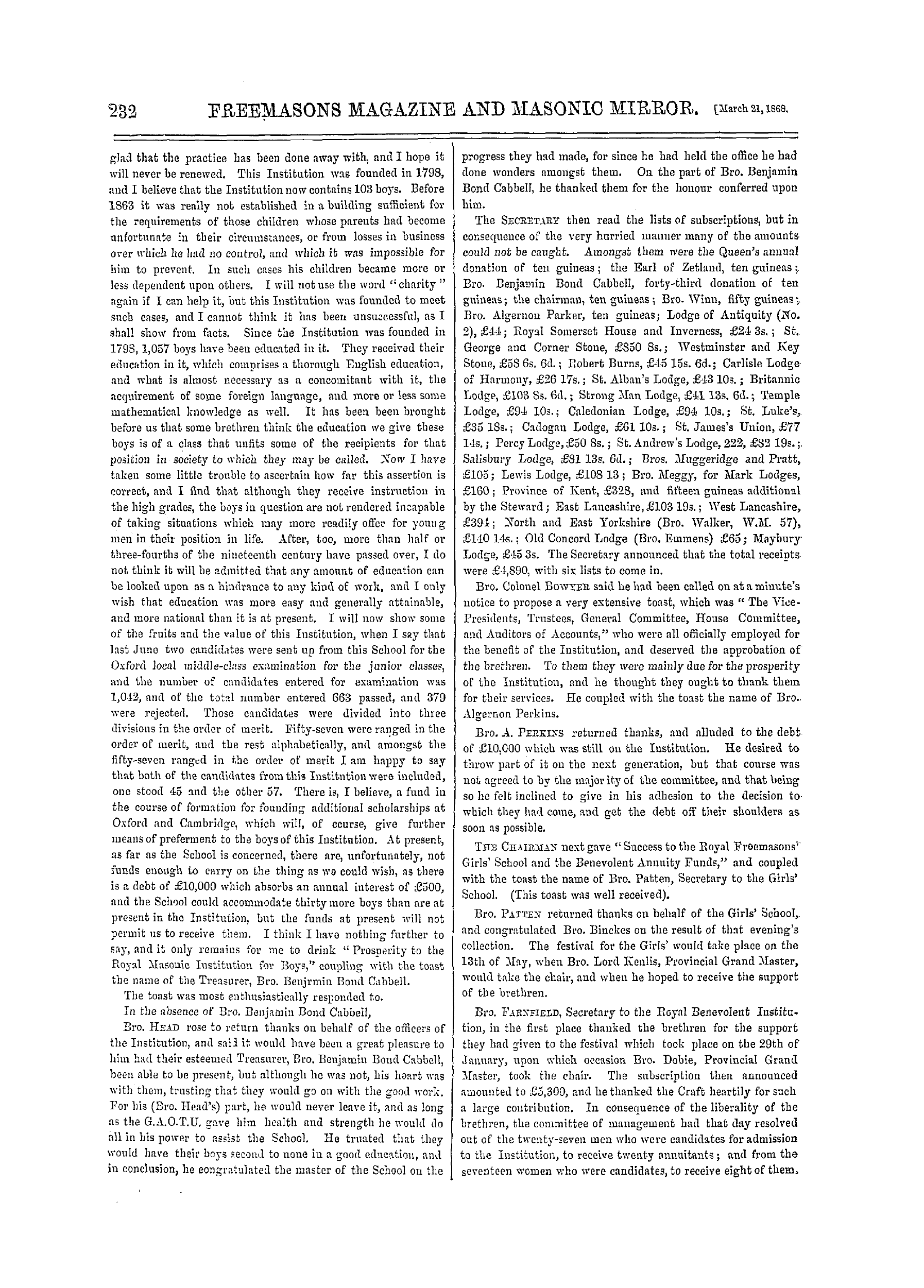 The Freemasons' Monthly Magazine: 1868-03-21 - Royal Masonic Institution For Boys.