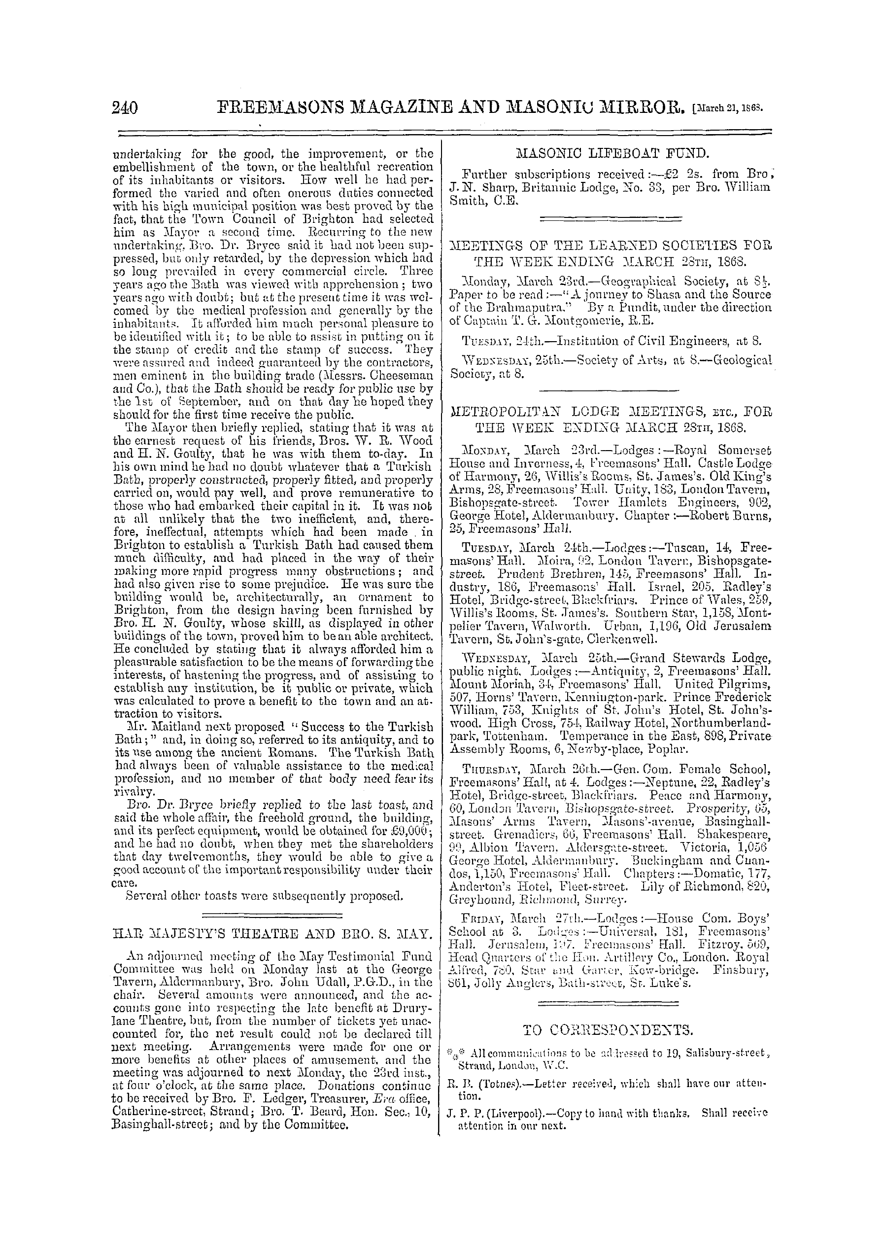 The Freemasons' Monthly Magazine: 1868-03-21 - Metropolitan Lodge Meetings, Etc., For The Week Ending March 2s Th , 1868.