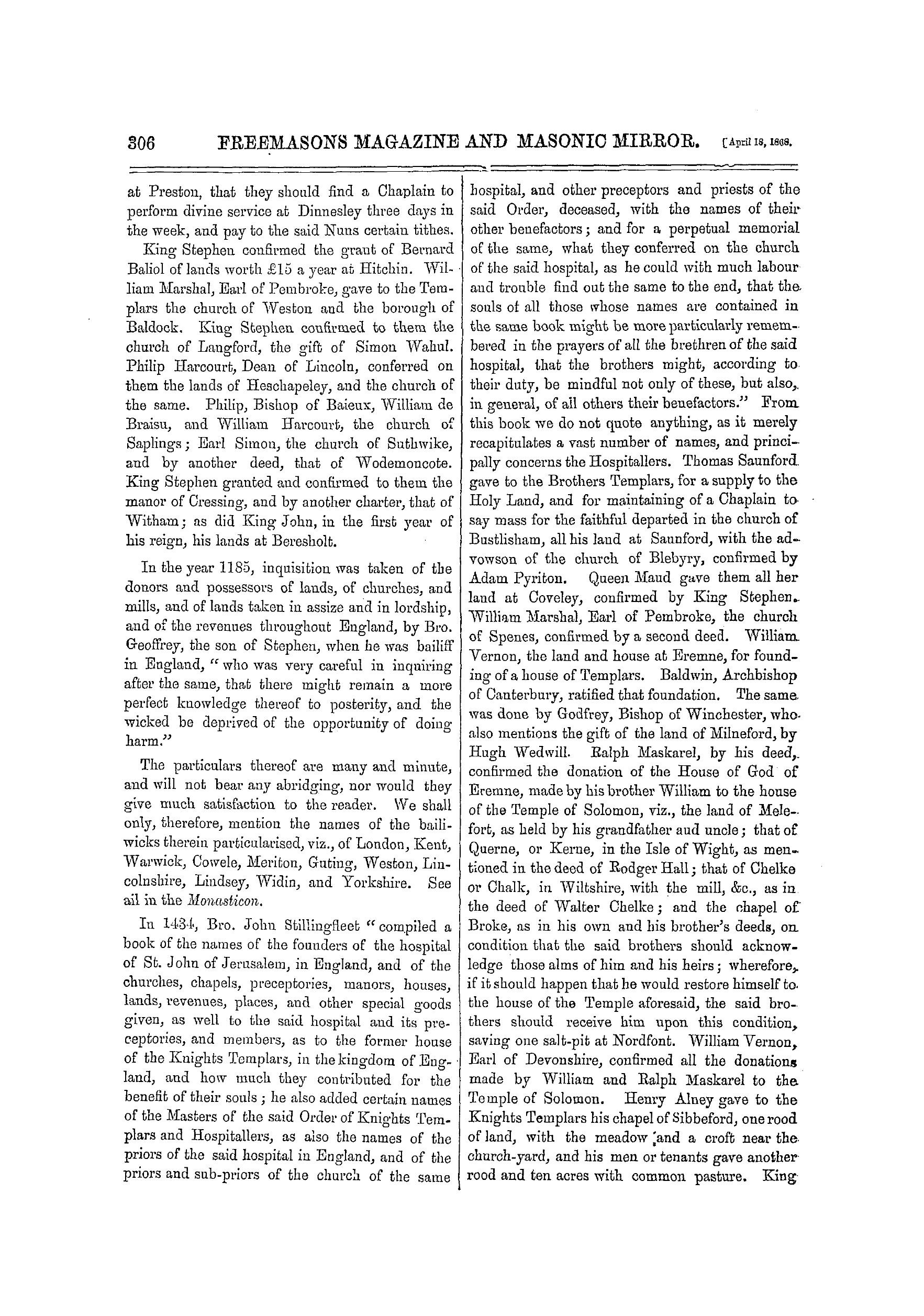 The Freemasons' Monthly Magazine: 1868-04-18 - The Knights Templars.