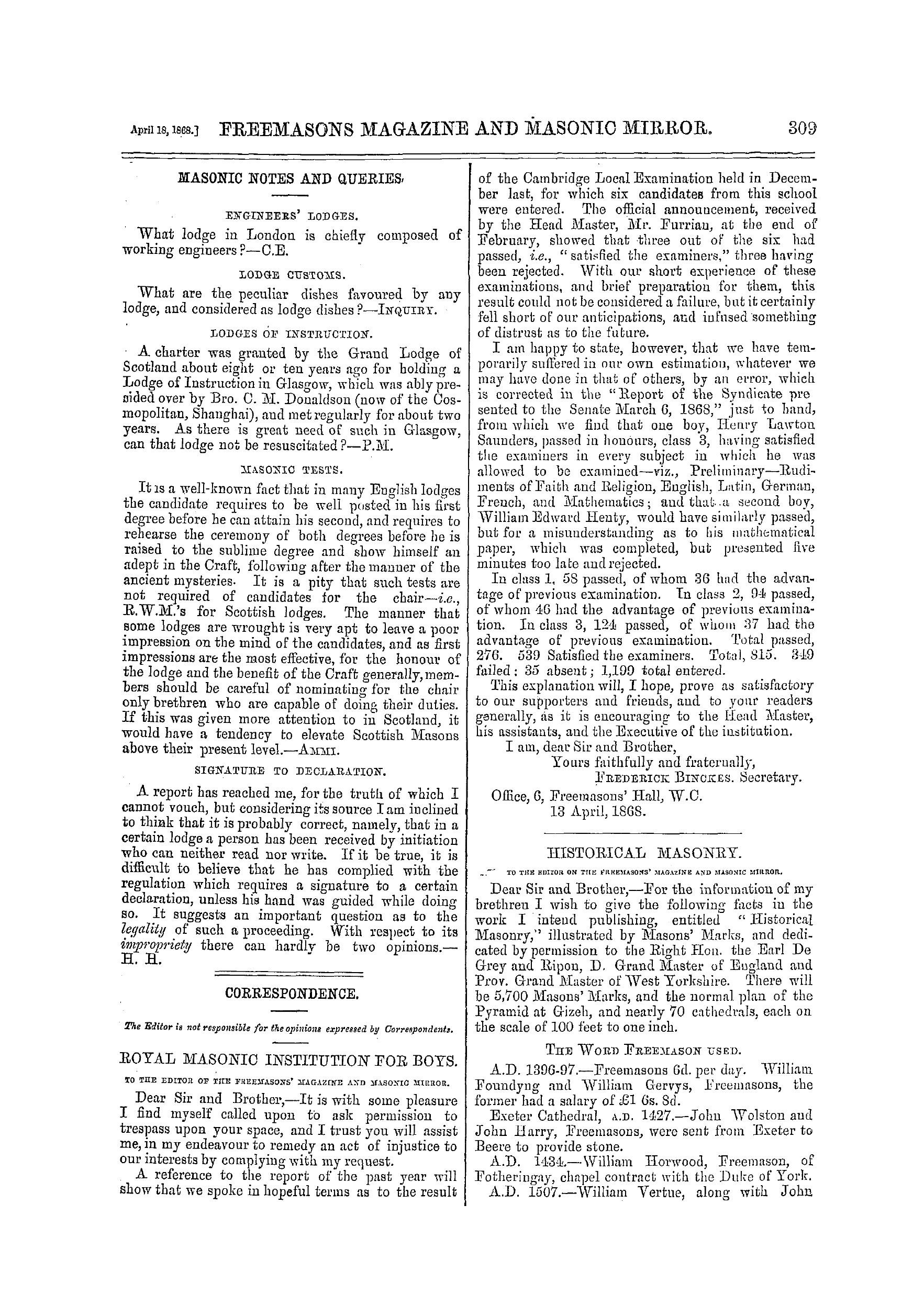 The Freemasons' Monthly Magazine: 1868-04-18 - Correspondence.