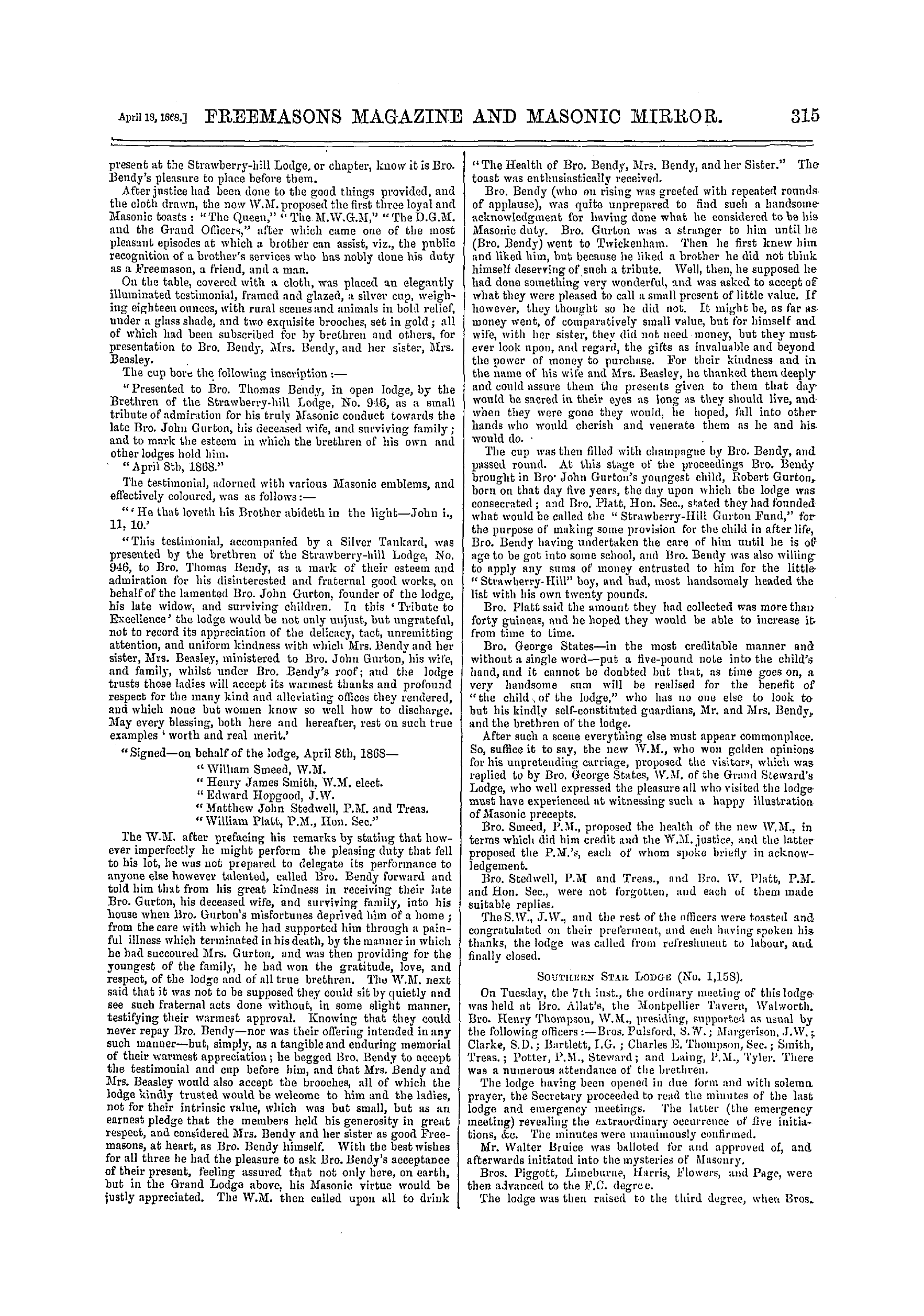 The Freemasons' Monthly Magazine: 1868-04-18 - Metropolitan.