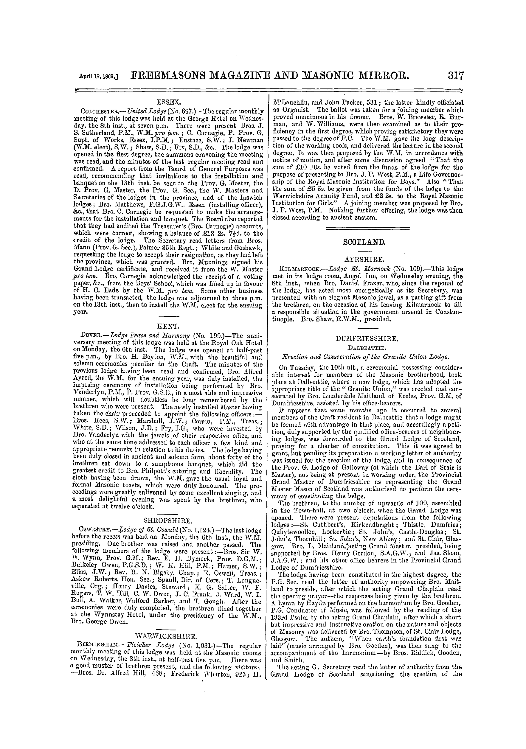 The Freemasons' Monthly Magazine: 1868-04-18 - Scotland.