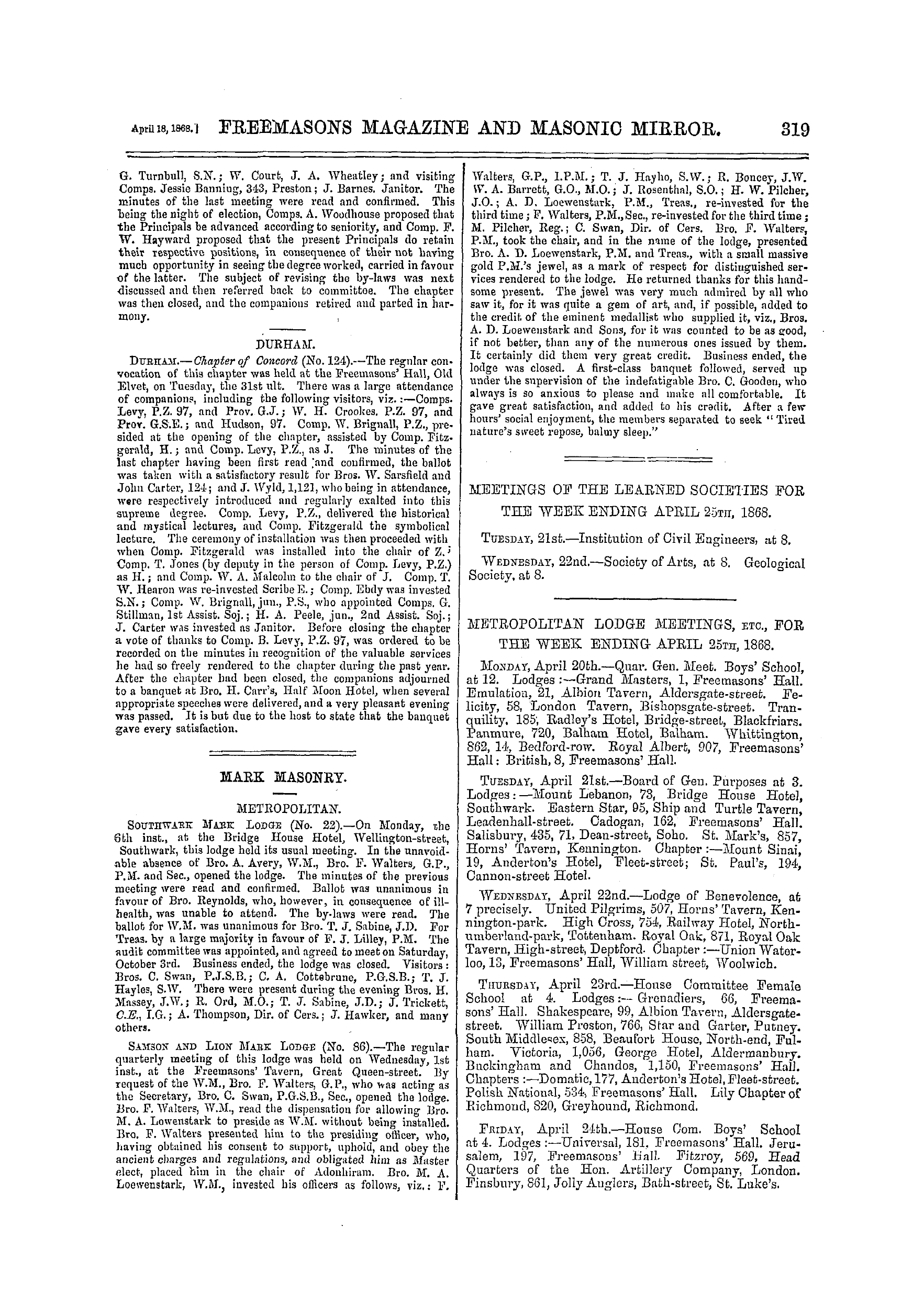 The Freemasons' Monthly Magazine: 1868-04-18 - Mark Masonry.