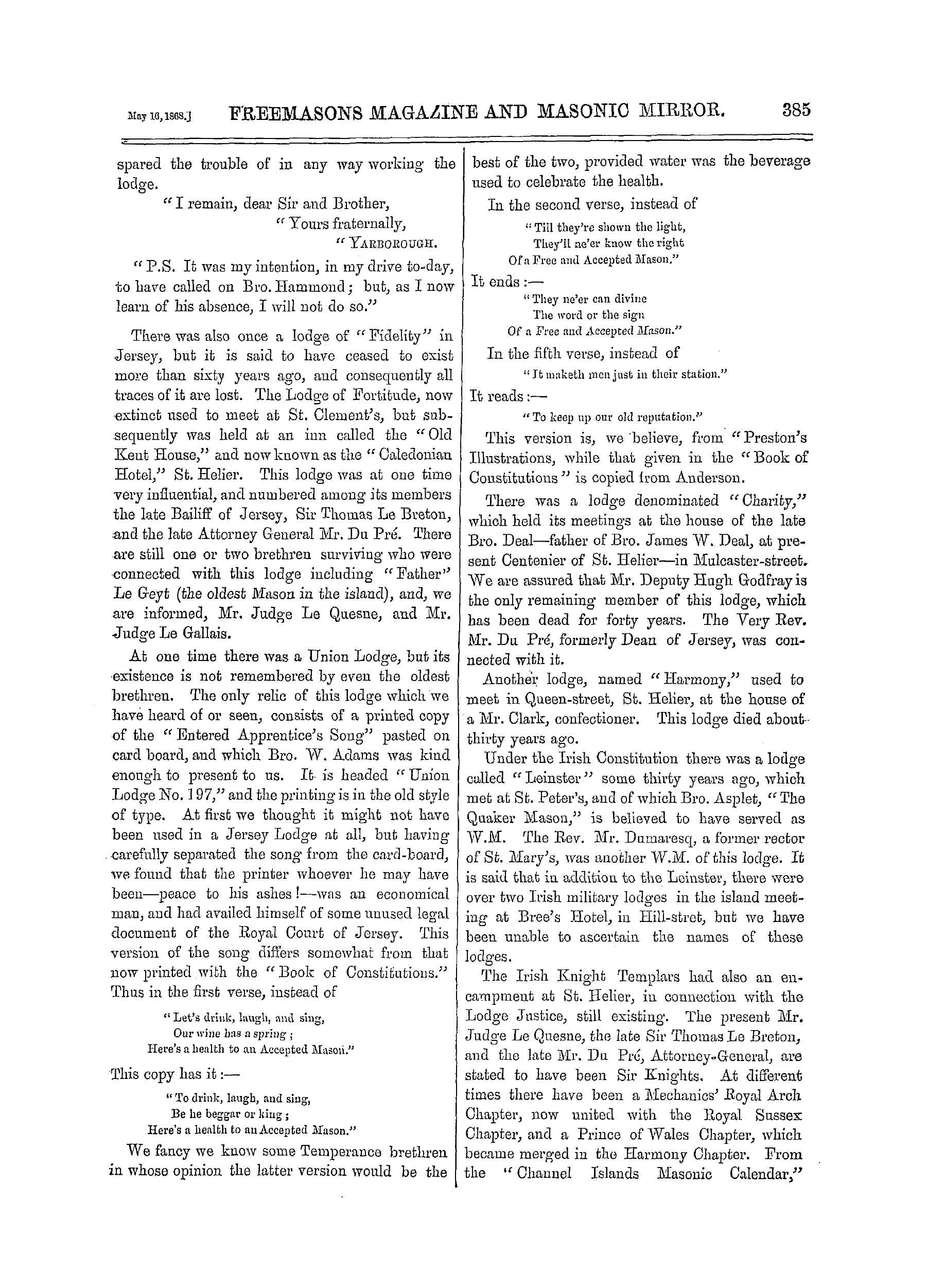 The Freemasons' Monthly Magazine: 1868-05-16 - (No. 9.)—The Province Of Jersey. Part Ii.