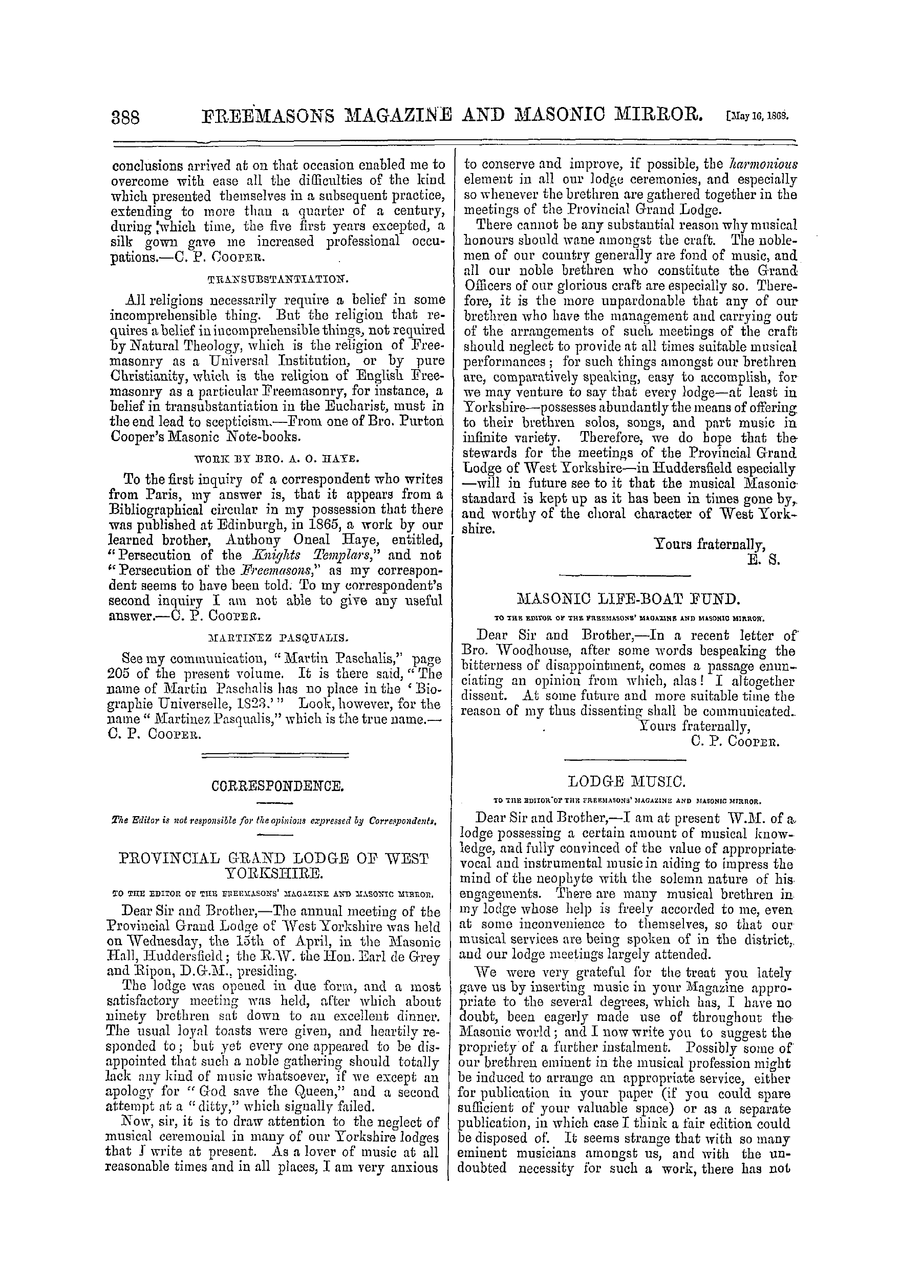 The Freemasons' Monthly Magazine: 1868-05-16 - Correspondence.