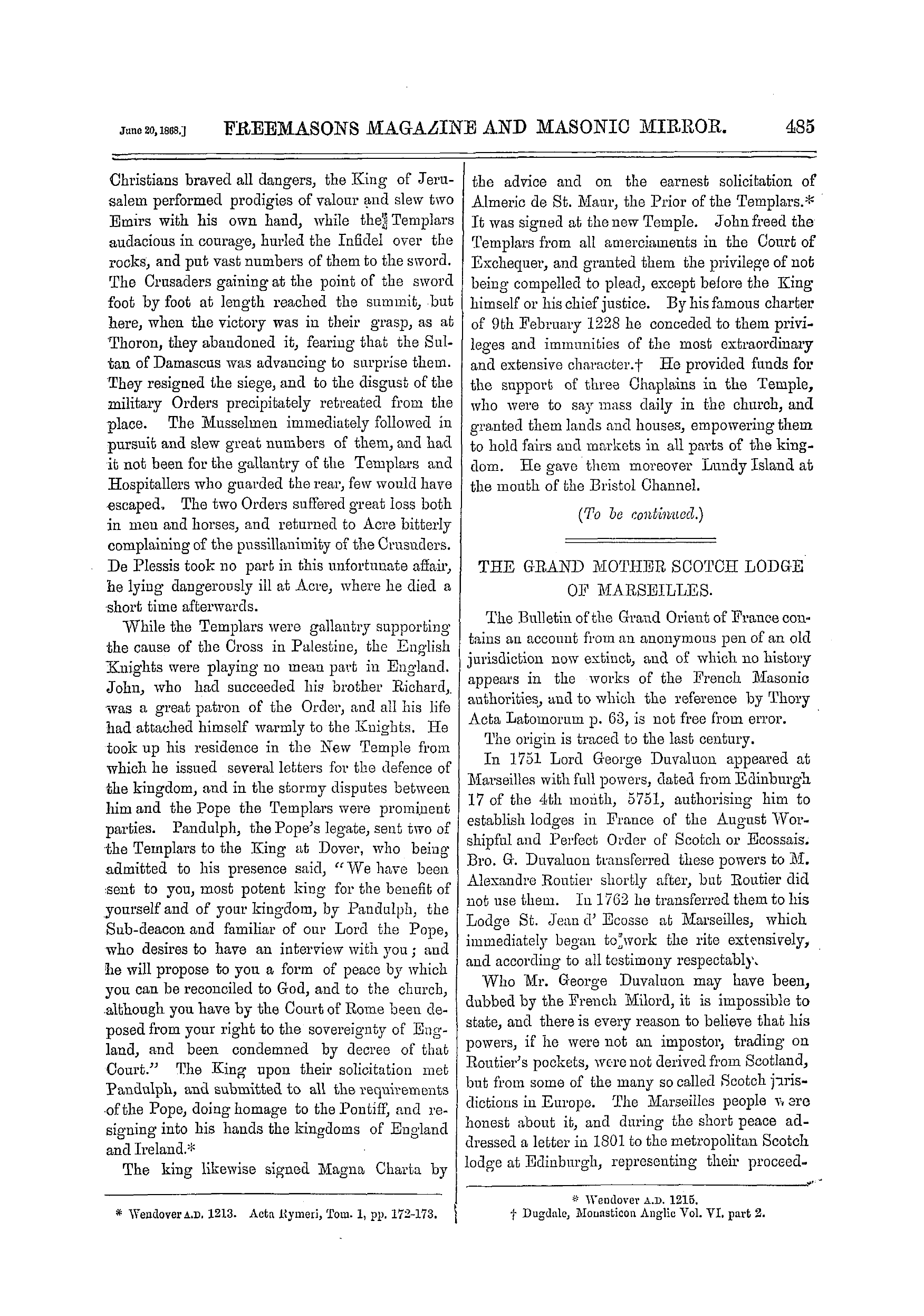 The Freemasons' Monthly Magazine: 1868-06-20 - The Grand Mother Scotch Lodge Of Marseilles.