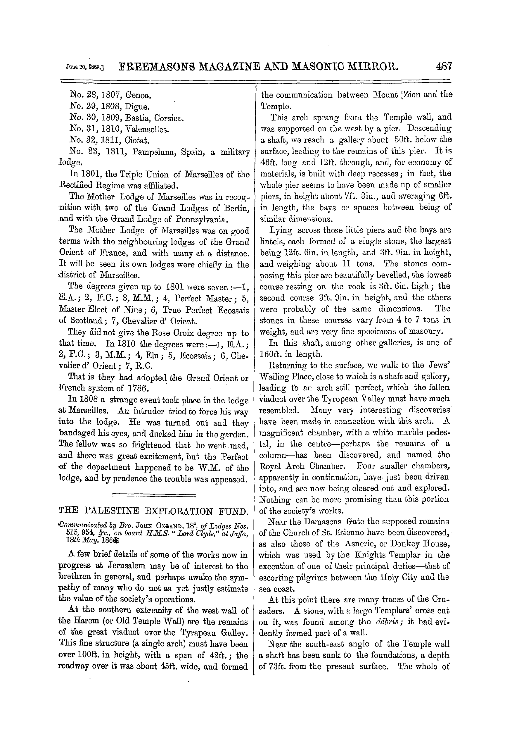 The Freemasons' Monthly Magazine: 1868-06-20 - The Palestine Exploration Fund.