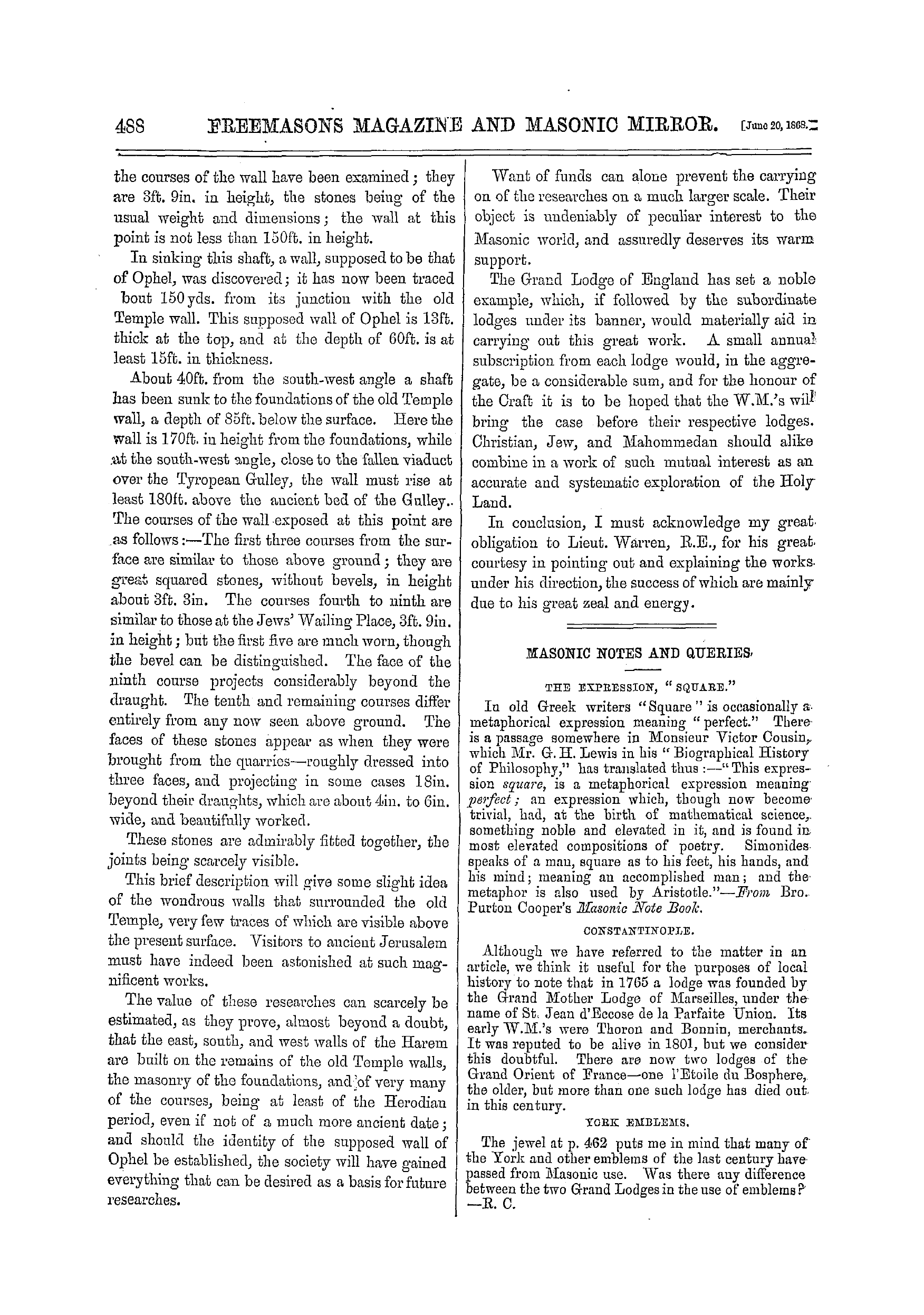 The Freemasons' Monthly Magazine: 1868-06-20 - The Palestine Exploration Fund.