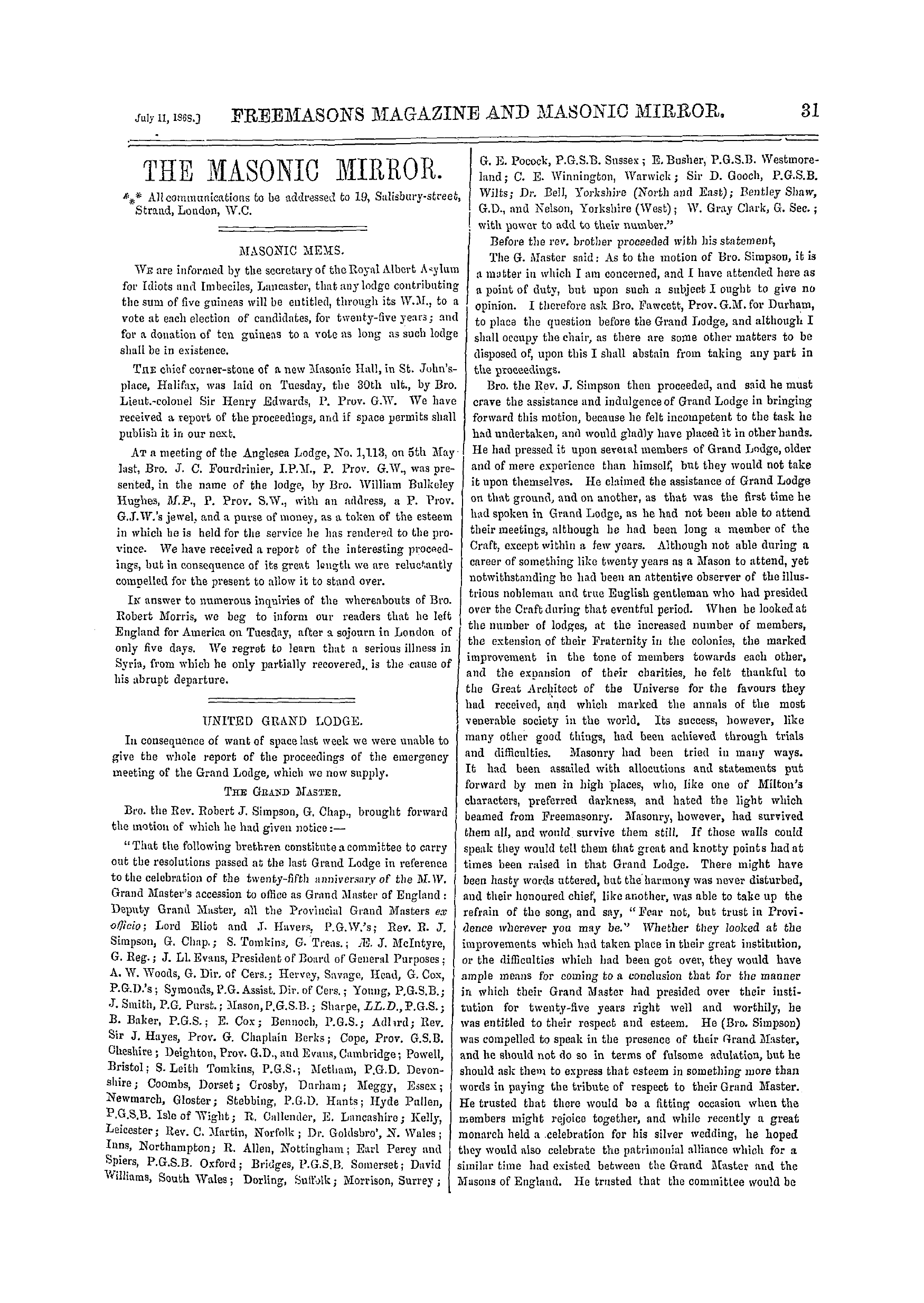 The Freemasons' Monthly Magazine: 1868-07-11 - United Grand Lodge.