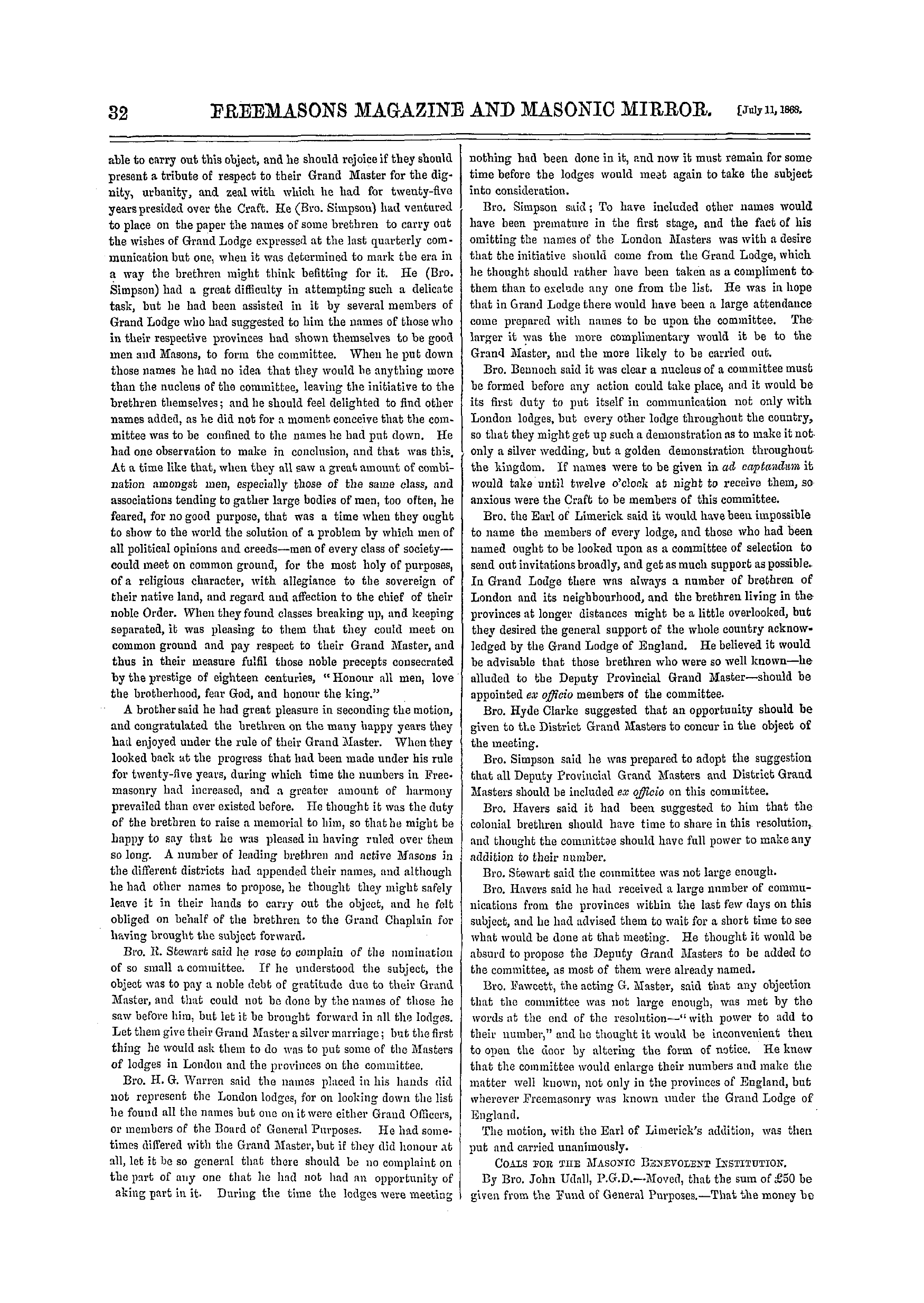 The Freemasons' Monthly Magazine: 1868-07-11 - United Grand Lodge.