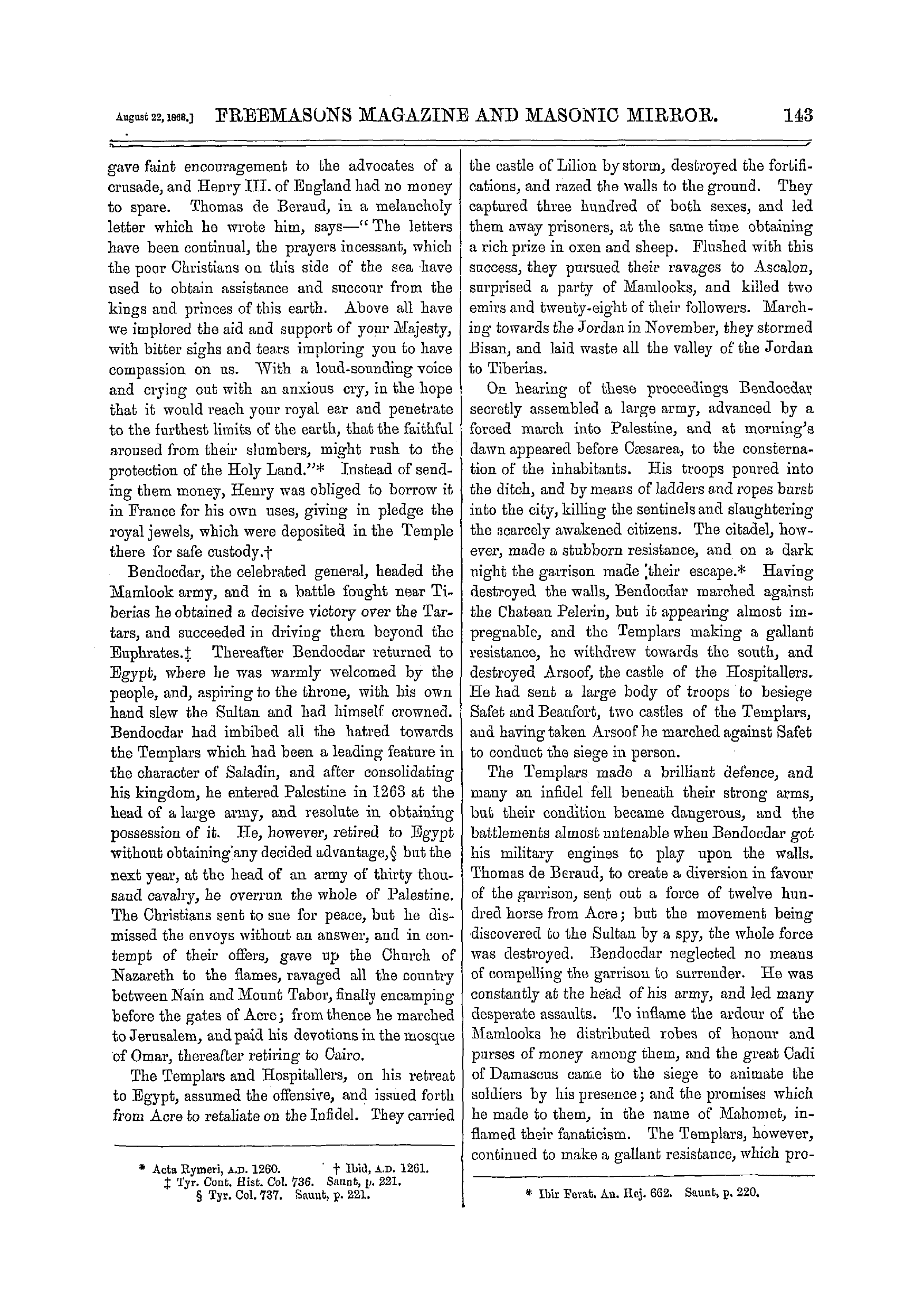 The Freemasons' Monthly Magazine: 1868-08-22 - The Knights Templars.