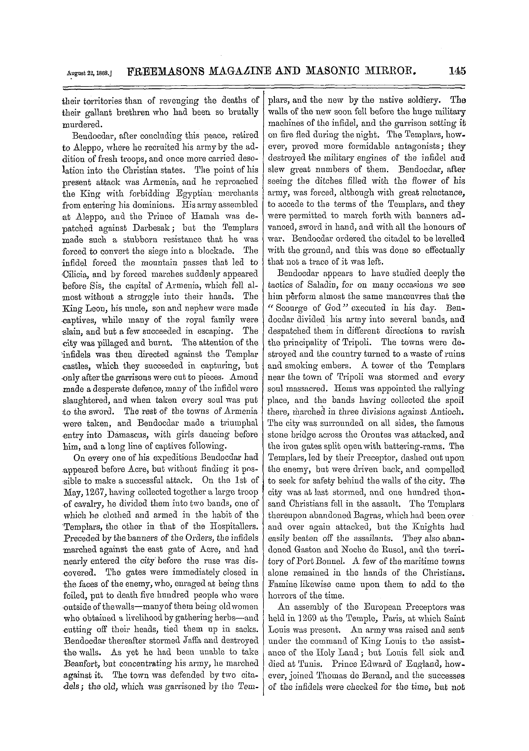 The Freemasons' Monthly Magazine: 1868-08-22 - The Knights Templars.