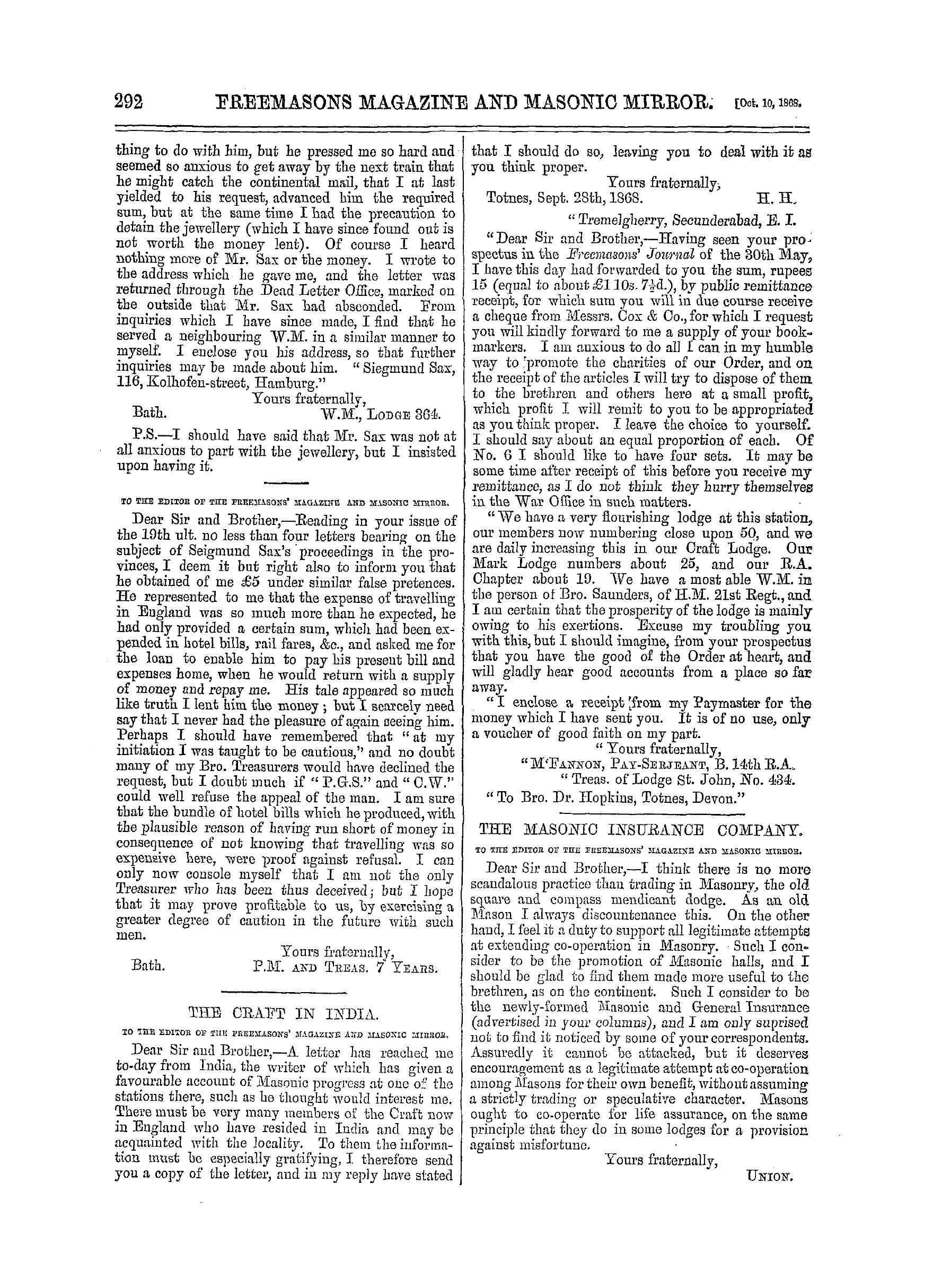 The Freemasons' Monthly Magazine: 1868-10-10 - The Craft In India.