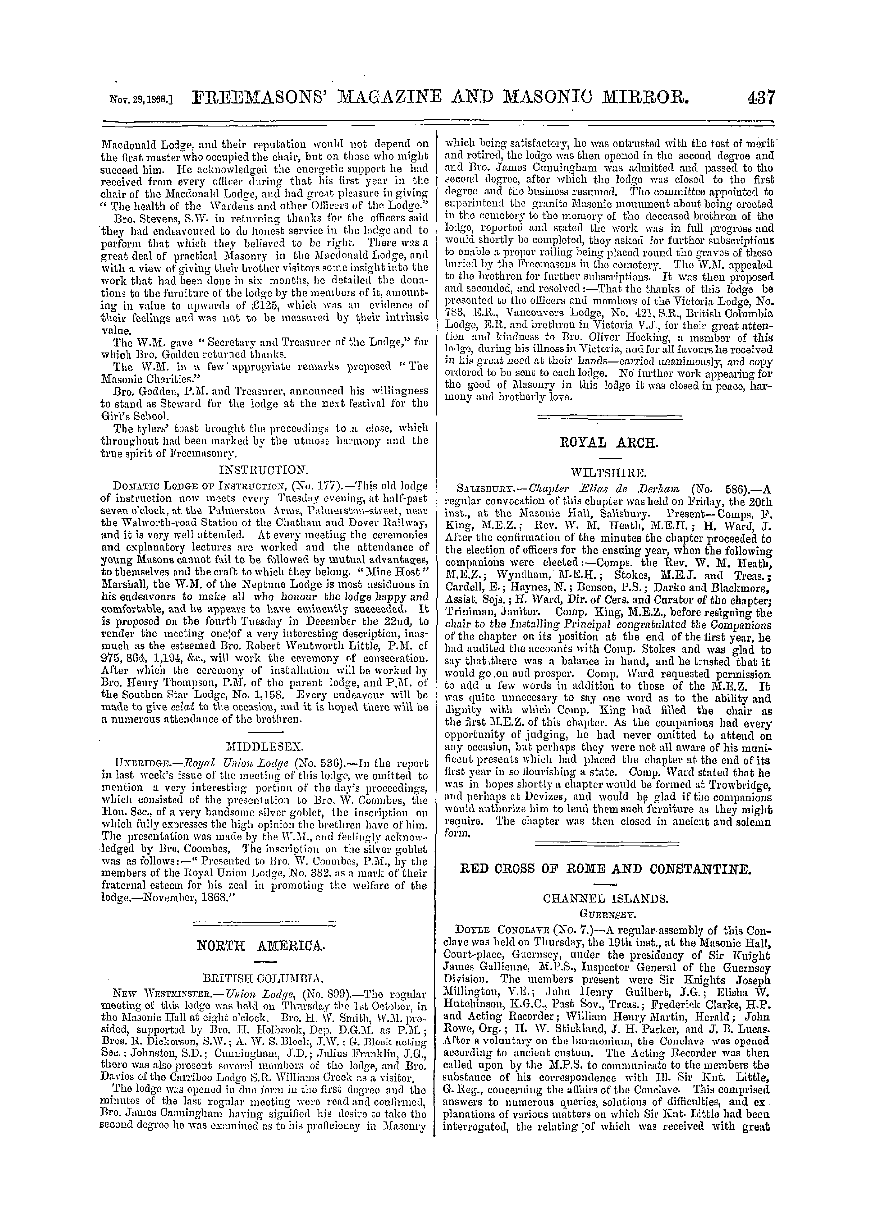 The Freemasons' Monthly Magazine: 1868-11-28 - North America.