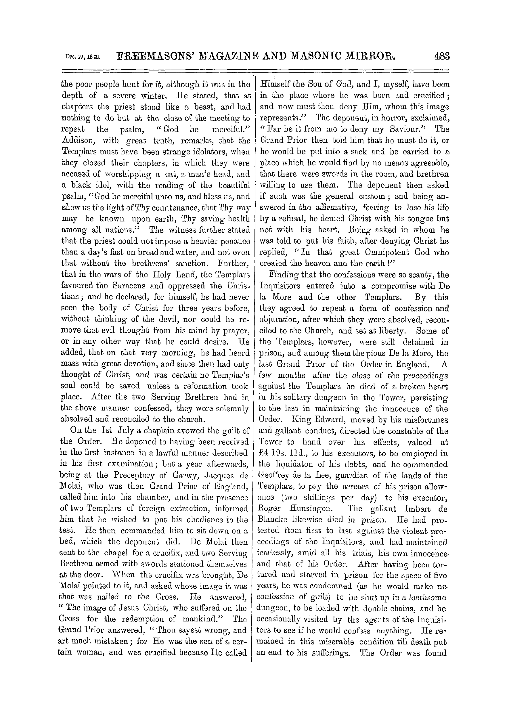 The Freemasons' Monthly Magazine: 1868-12-19 - The Knights Templars.