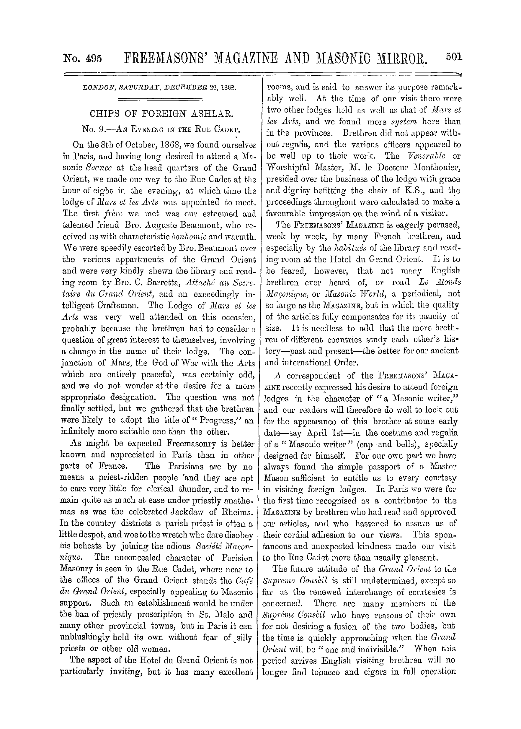 The Freemasons' Monthly Magazine: 1868-12-26 - Chips Of Foreign Ashlar.