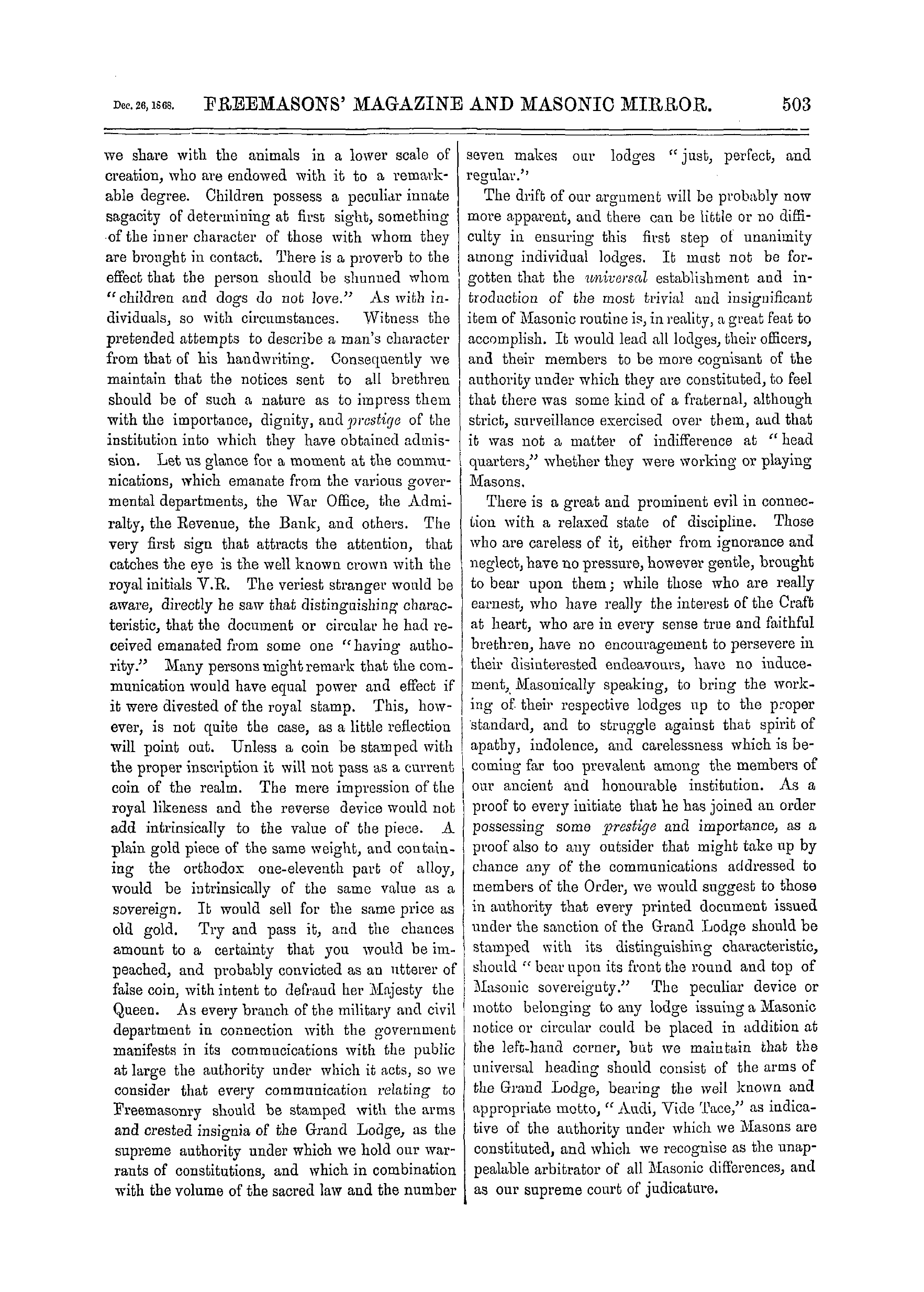 The Freemasons' Monthly Magazine: 1868-12-26 - Masonic Discipline.—Iv.