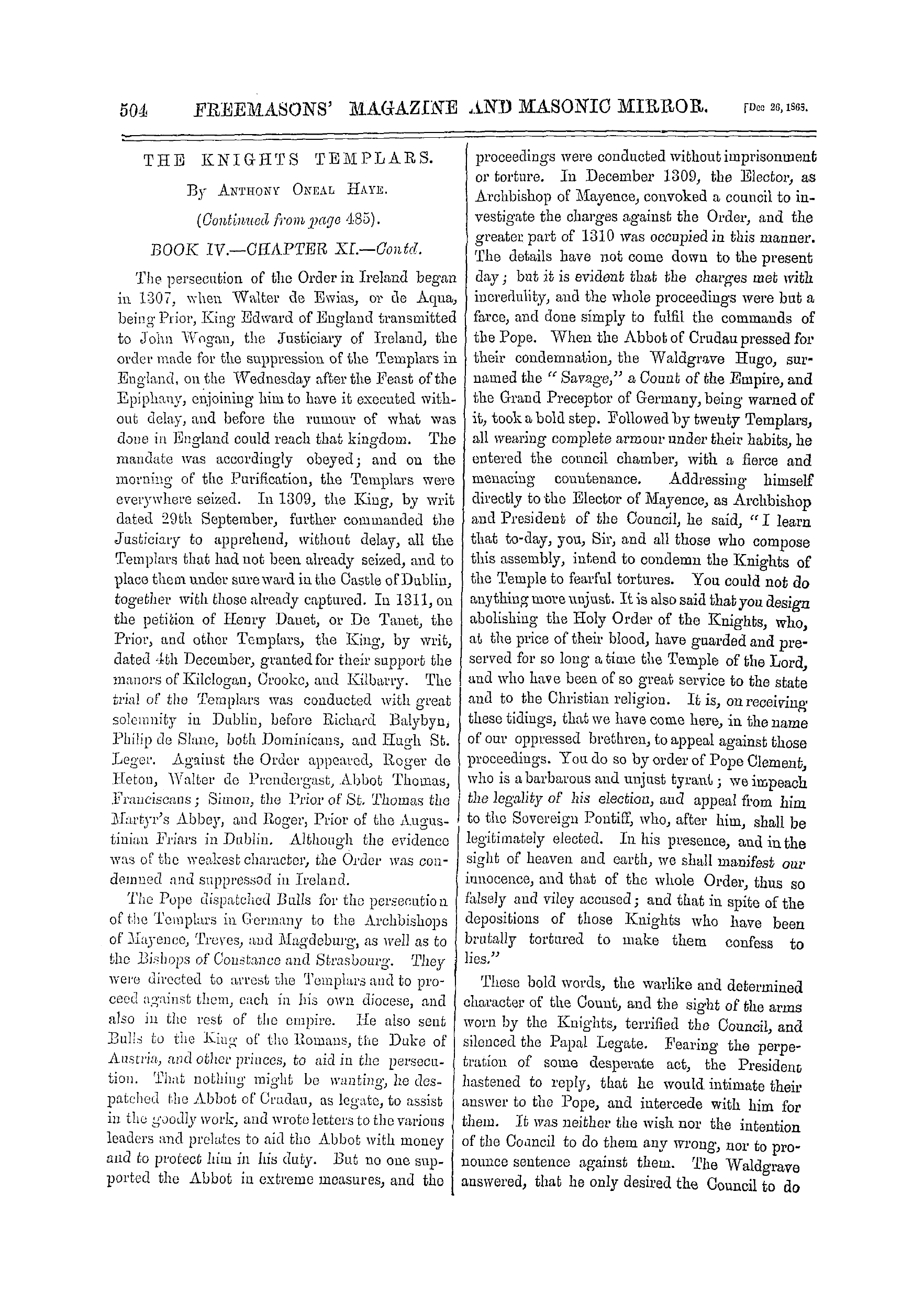 The Freemasons' Monthly Magazine: 1868-12-26 - The Knights Templars.