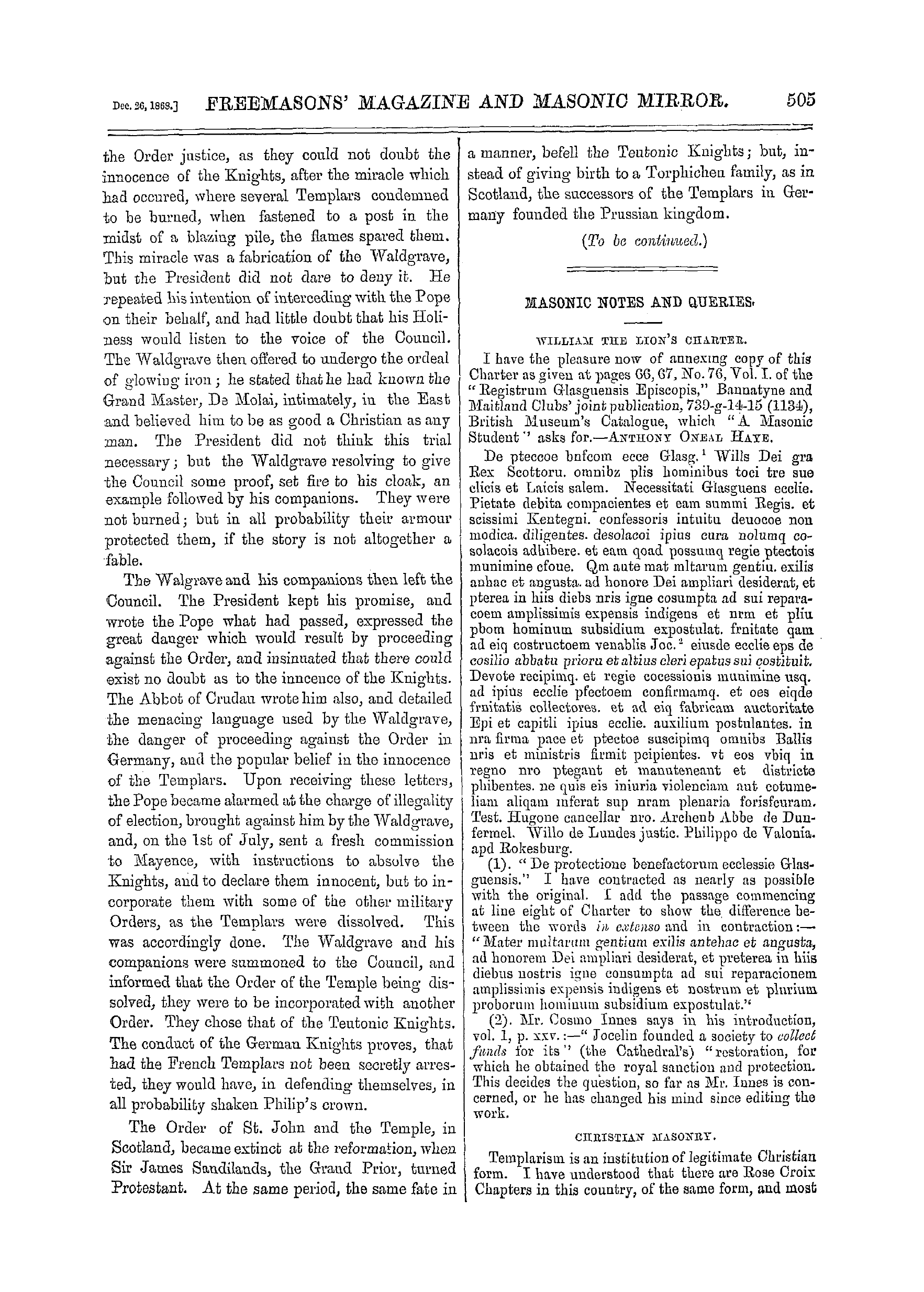 The Freemasons' Monthly Magazine: 1868-12-26 - The Knights Templars.