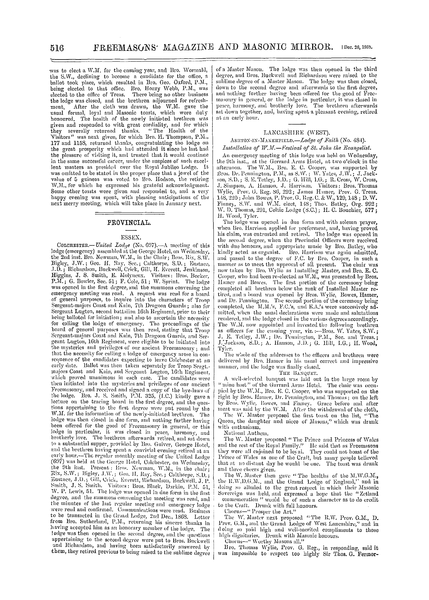 The Freemasons' Monthly Magazine: 1868-12-26 - Provincial.