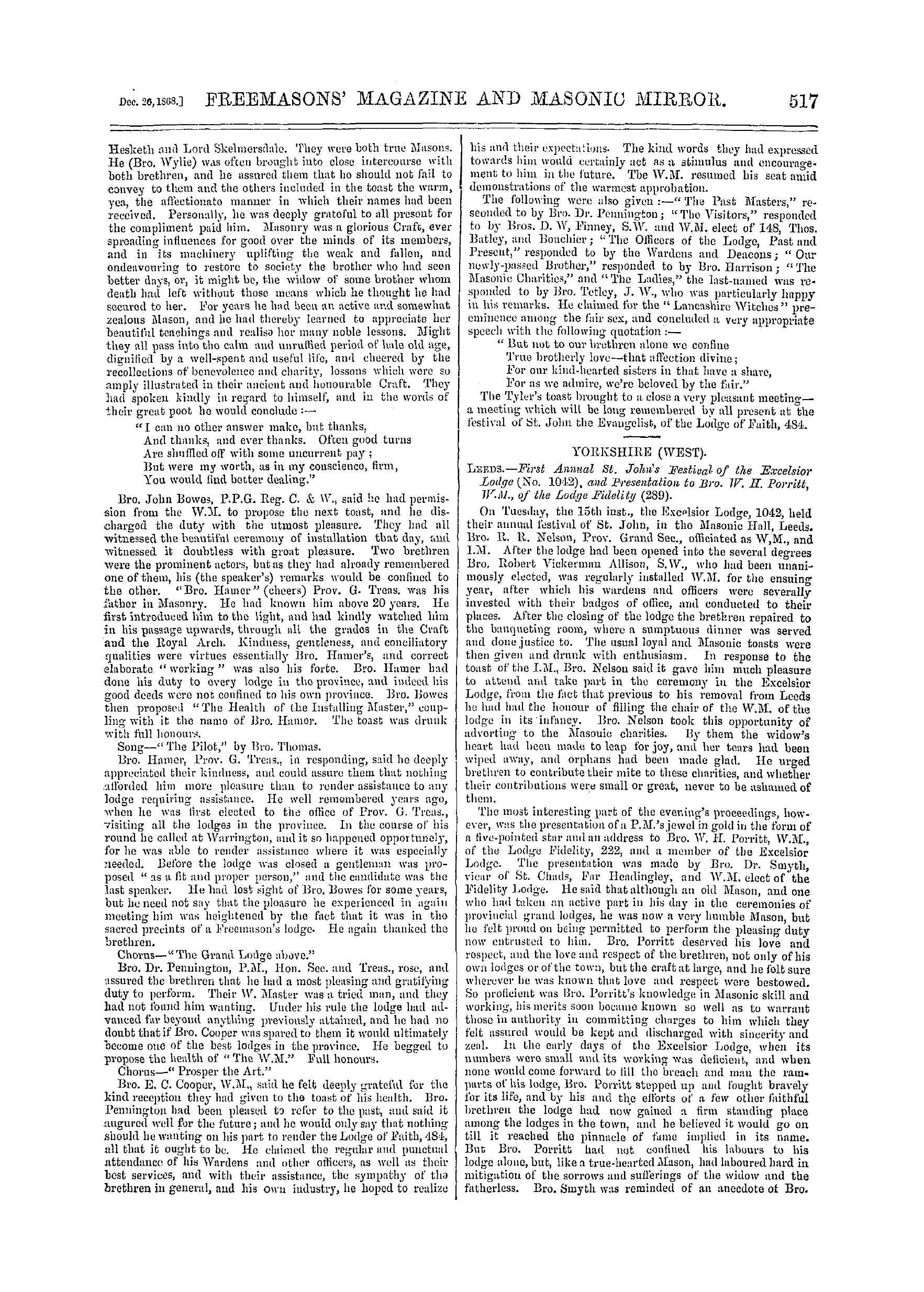 The Freemasons' Monthly Magazine: 1868-12-26 - Provincial.