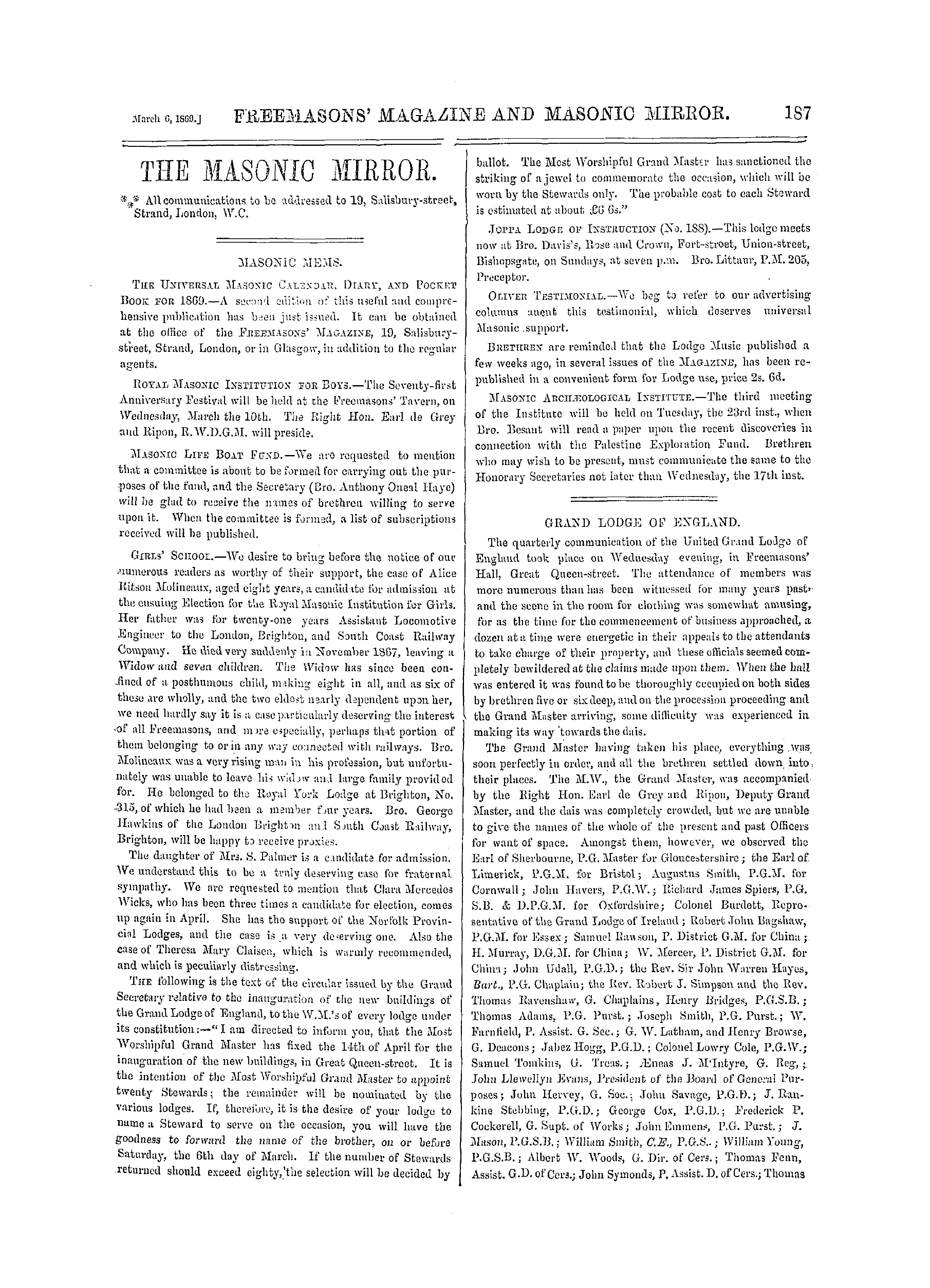 The Freemasons' Monthly Magazine: 1869-03-06 - Grand Lodge Of England.