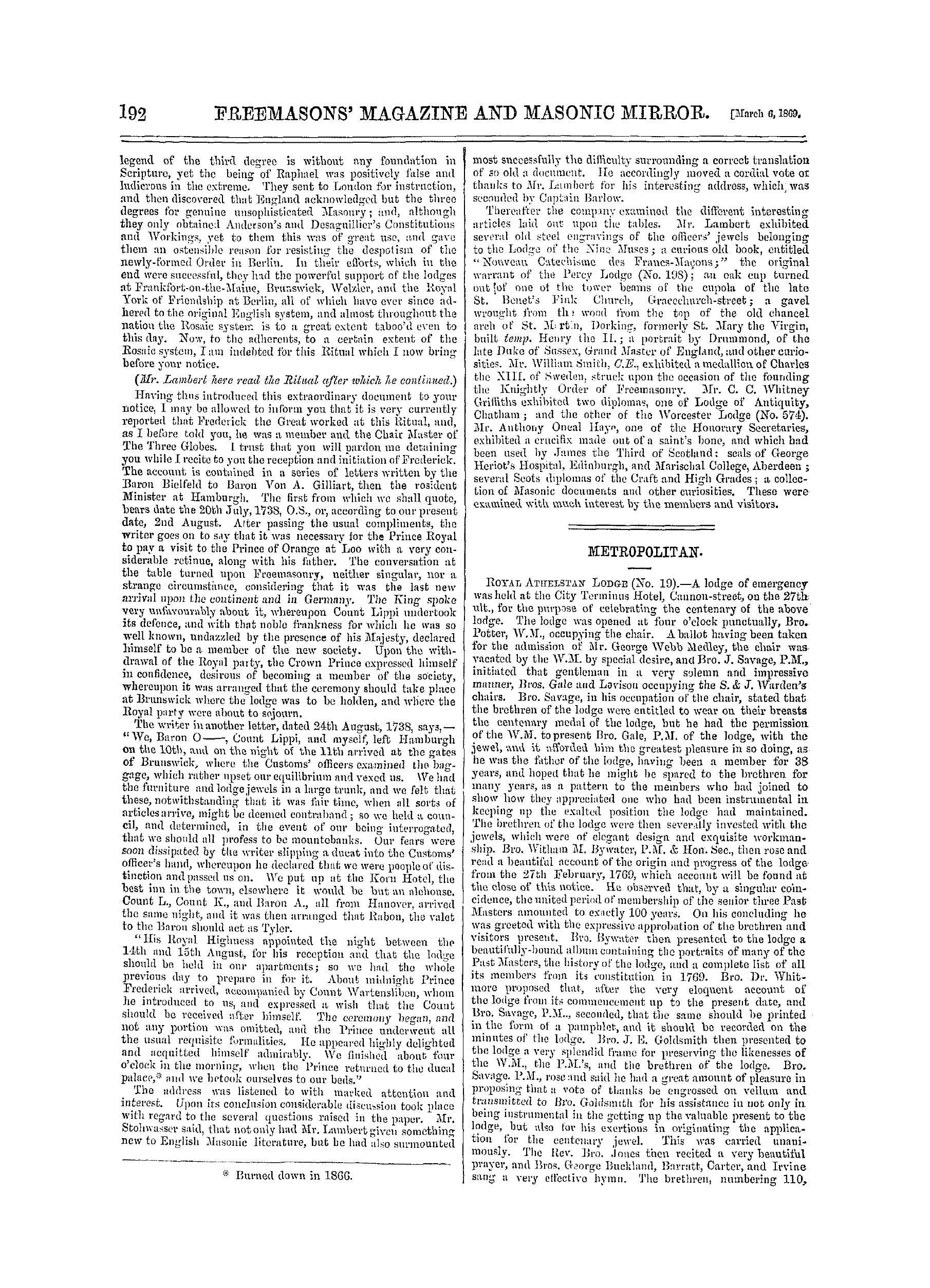 The Freemasons' Monthly Magazine: 1869-03-06 - Metropolitan.