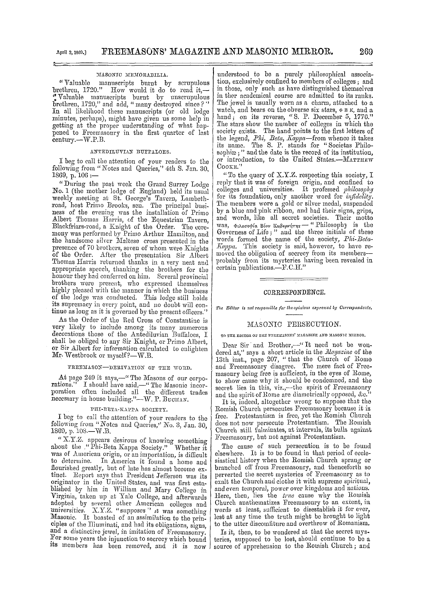 The Freemasons' Monthly Magazine: 1869-04-03 - Correspondence.