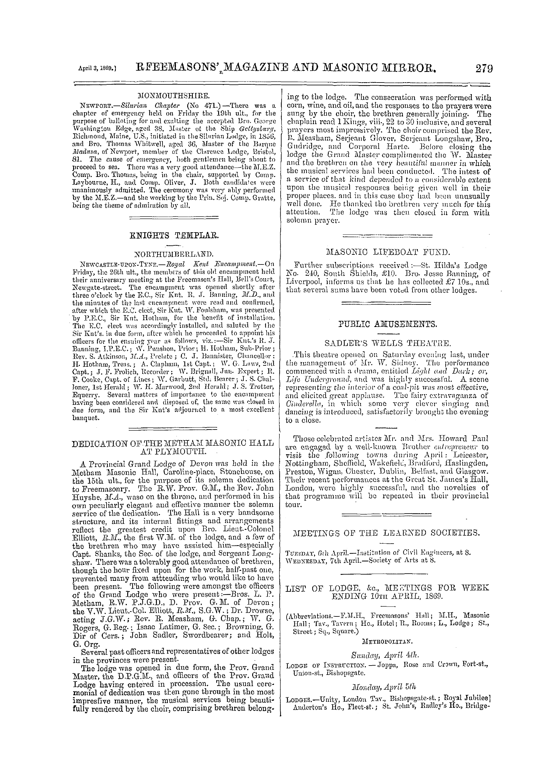 The Freemasons' Monthly Magazine: 1869-04-03 - Masonic Lifeboat Fund.