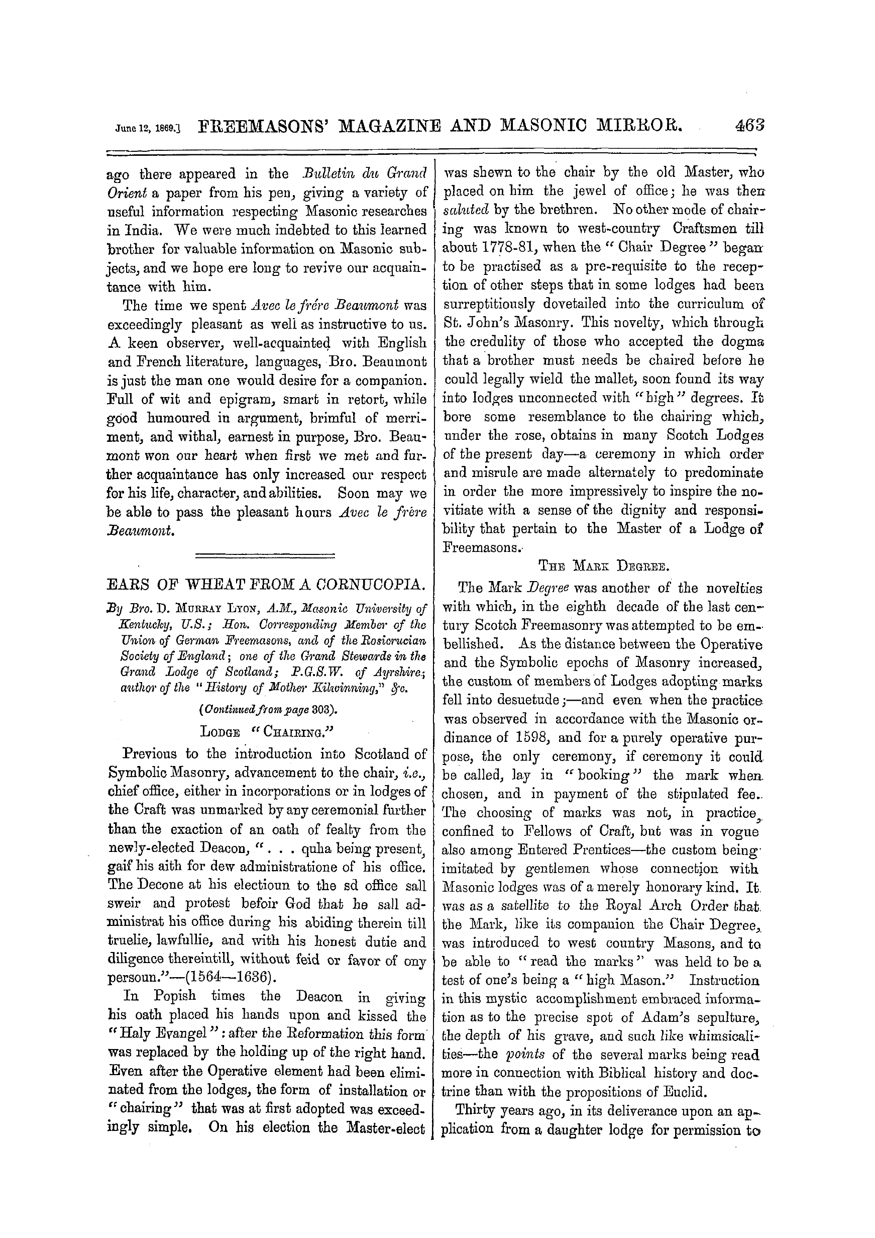 The Freemasons' Monthly Magazine: 1869-06-12 - Chips Of Foreign Ashlar.