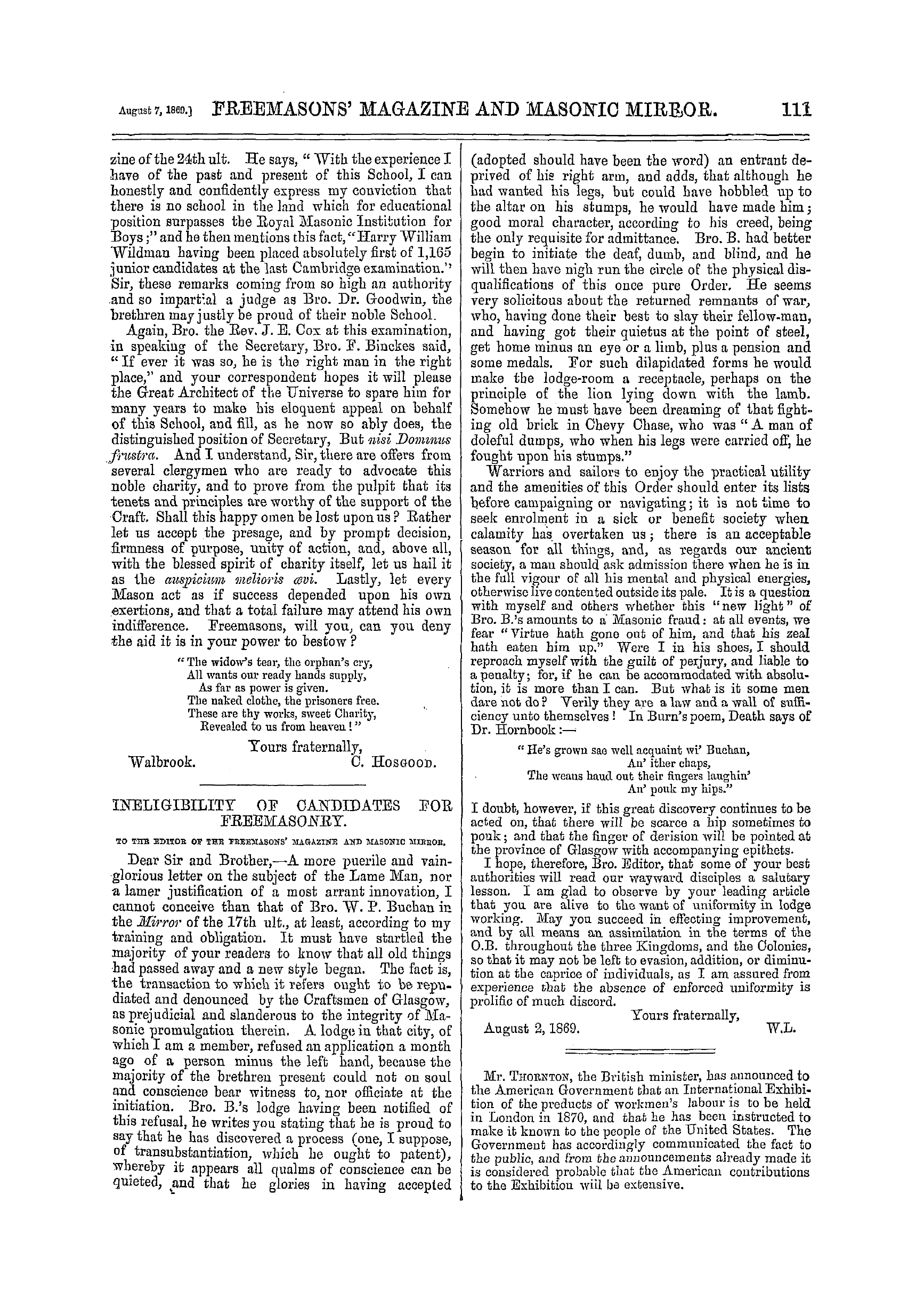 The Freemasons' Monthly Magazine: 1869-08-07: 11