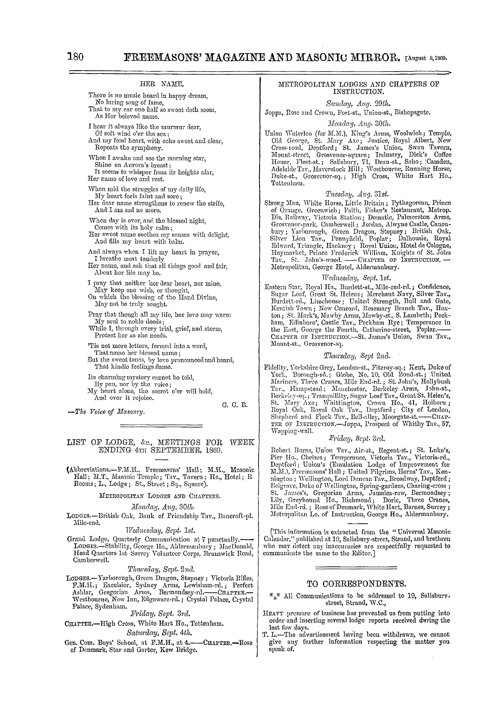 The Freemasons' Monthly Magazine: 1869-08-28 - List Of Lodge, &C., Meetings For Week Ending 4th September, 1869.