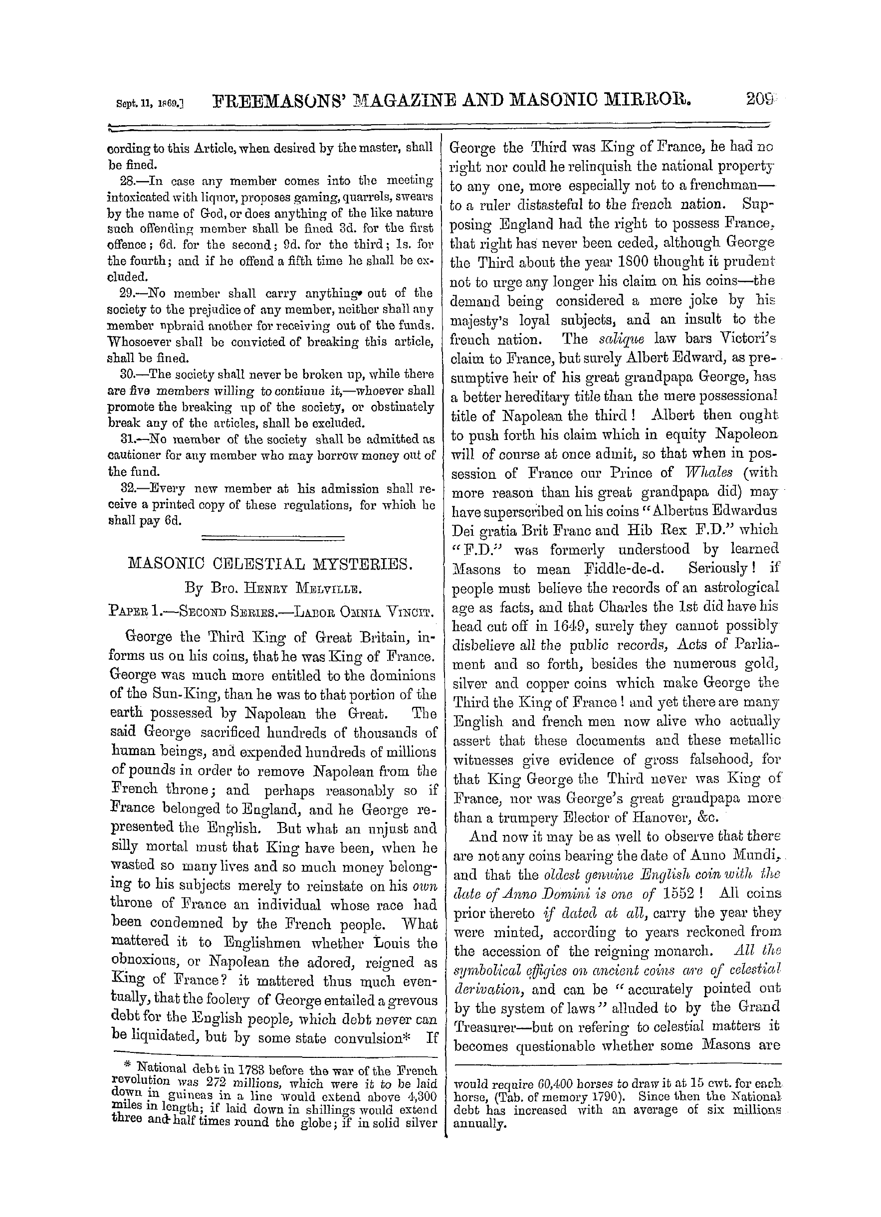 The Freemasons' Monthly Magazine: 1869-09-11 - Masonic Celestial Mysteries.