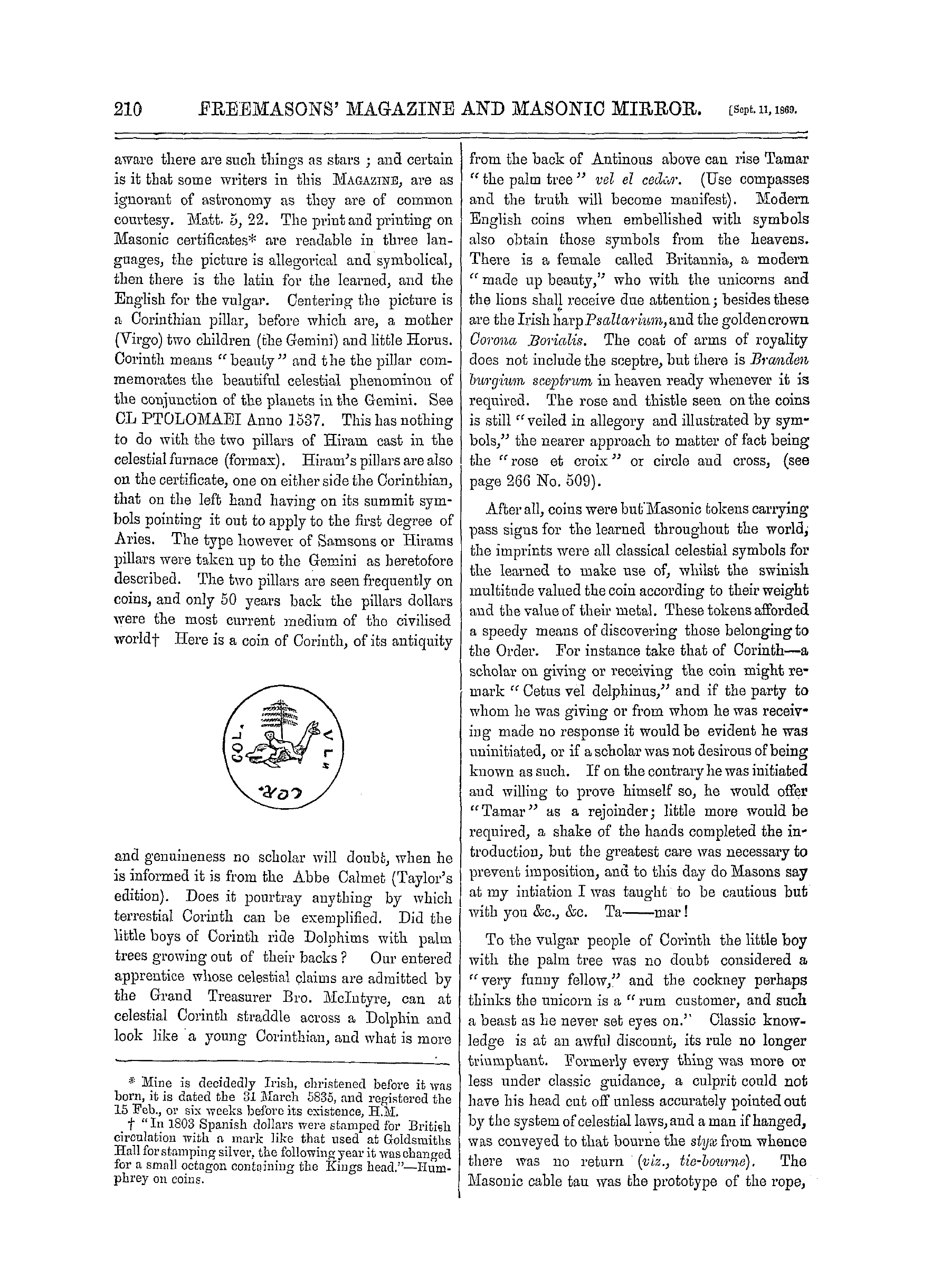 The Freemasons' Monthly Magazine: 1869-09-11 - Masonic Celestial Mysteries.