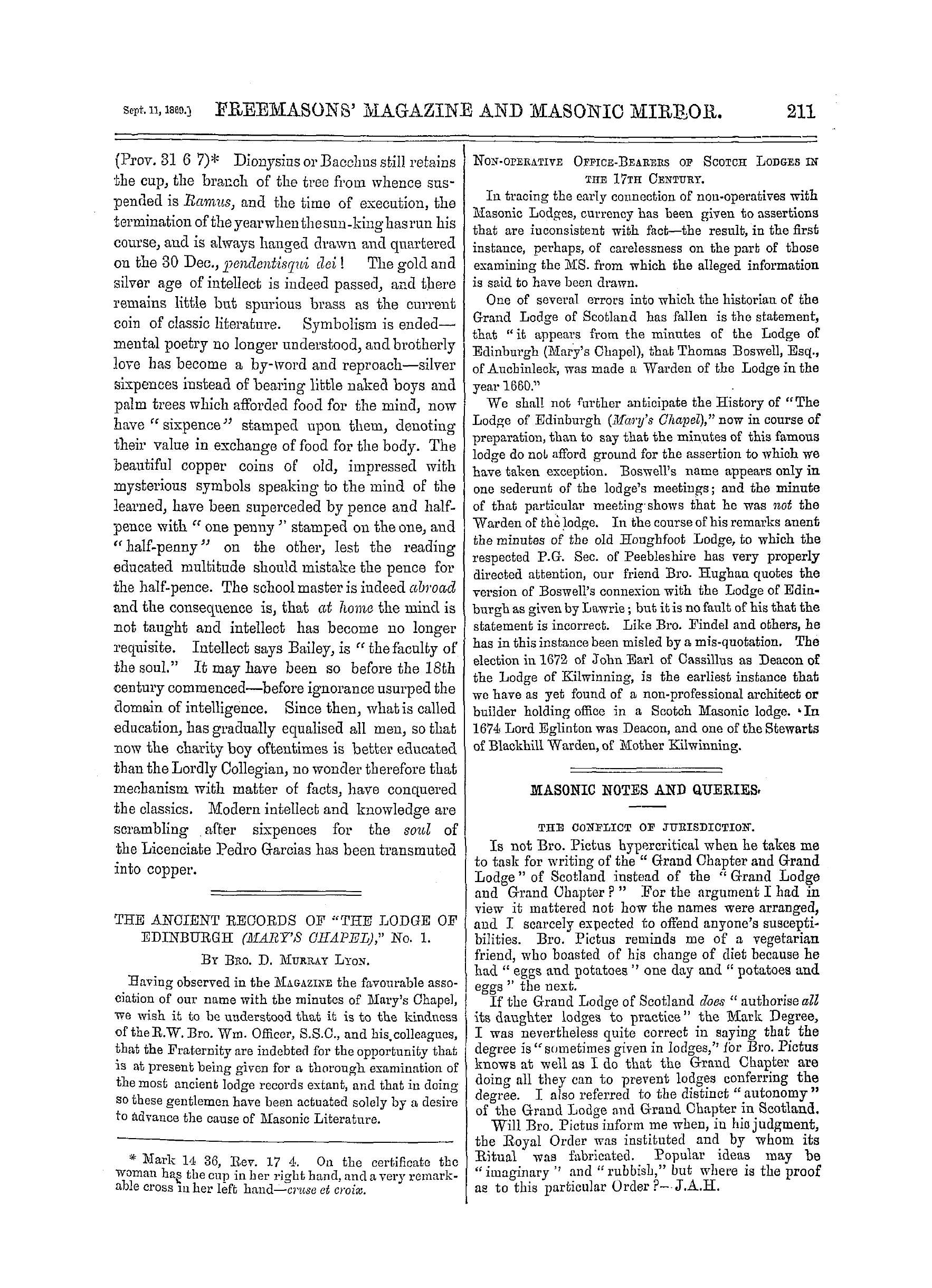 The Freemasons' Monthly Magazine: 1869-09-11 - The Ancient Records Of "The Lodge Of Edinburgh (Mary's Chapel)," No. 1.